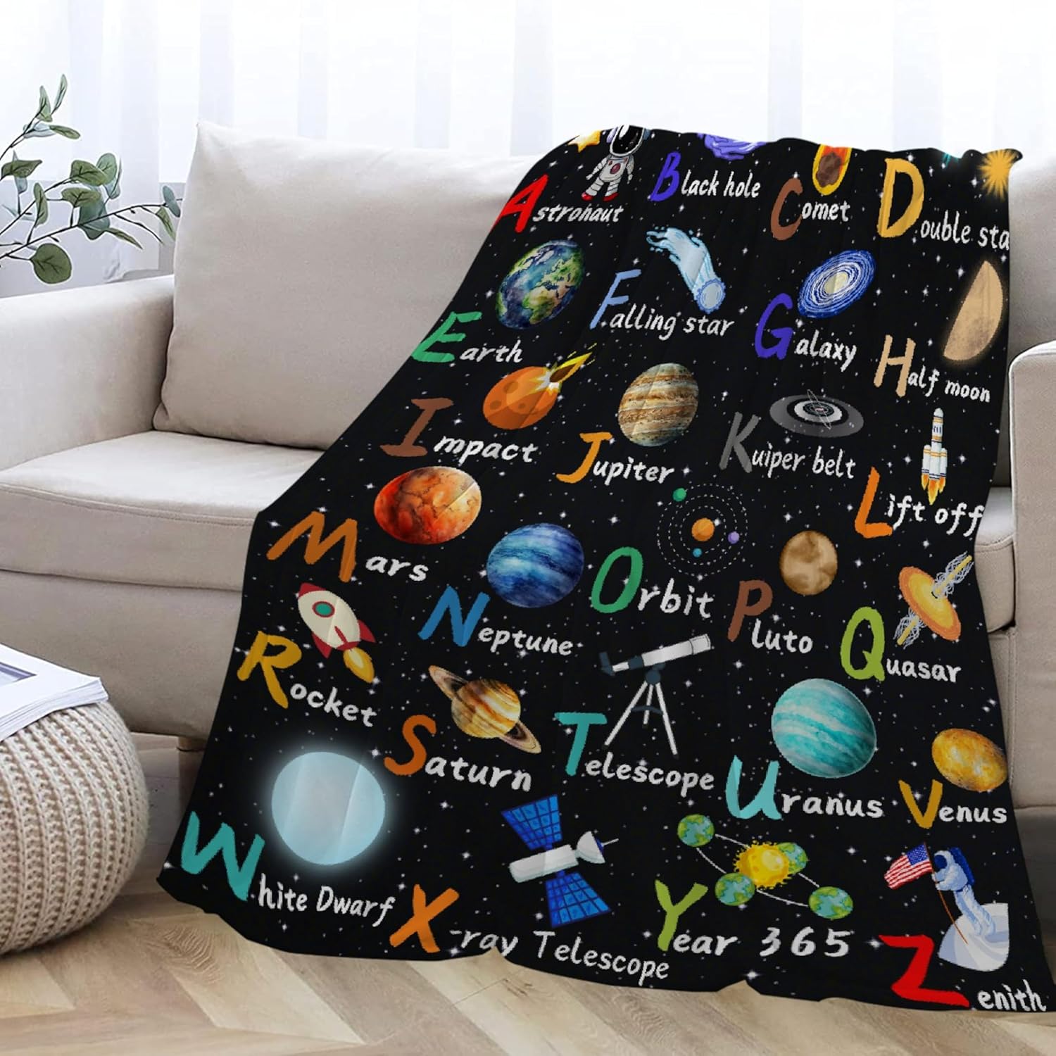 Space Alphabet Blanket Planet Astronaut Gift for Boys Kids Adults Super Soft Flannel Throw Blanket for Sofa Couch Bed Camping Travel Plush Warm Cozy Bed Quilts Home Decor, 40"x50"for Kids/Baby - Image 2