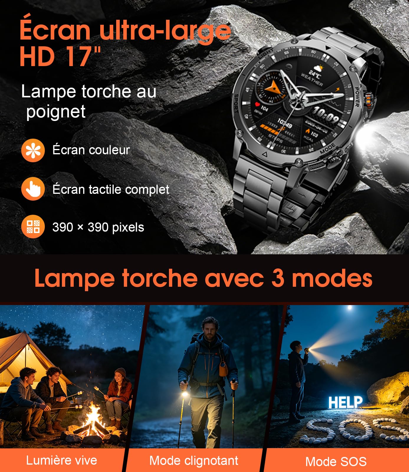 Montre Connectée Homme 1,7" Écran HD,Batterie 1400mAh, Lampe Torche LED,Appel Bluetooth,120+ Modes Sport,5ATM Étanche Smartwatch,Montre Intelligente Android/iOS, 2 Bracelets, Noir