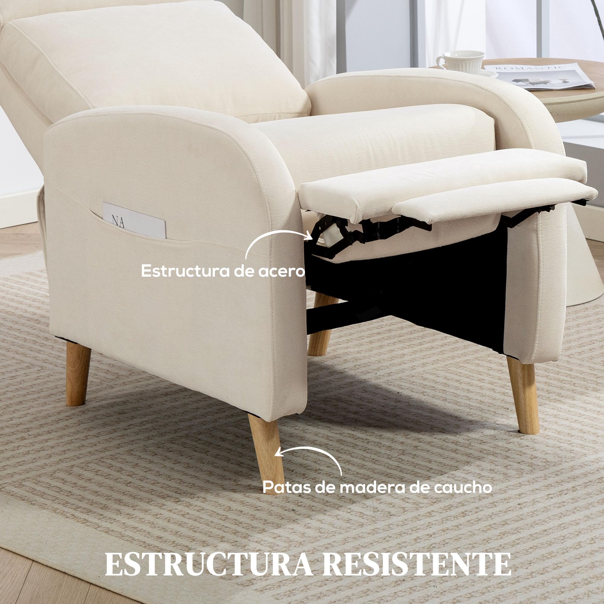 HOMCOM Sillón Relax Reclinable Manual Sillón Relax Tapizado en Lino Sintético con Reposapiés y Bolsillo Lateral Carga 135 kg Sillón Reclinable para Dormitorio Oficina Crema