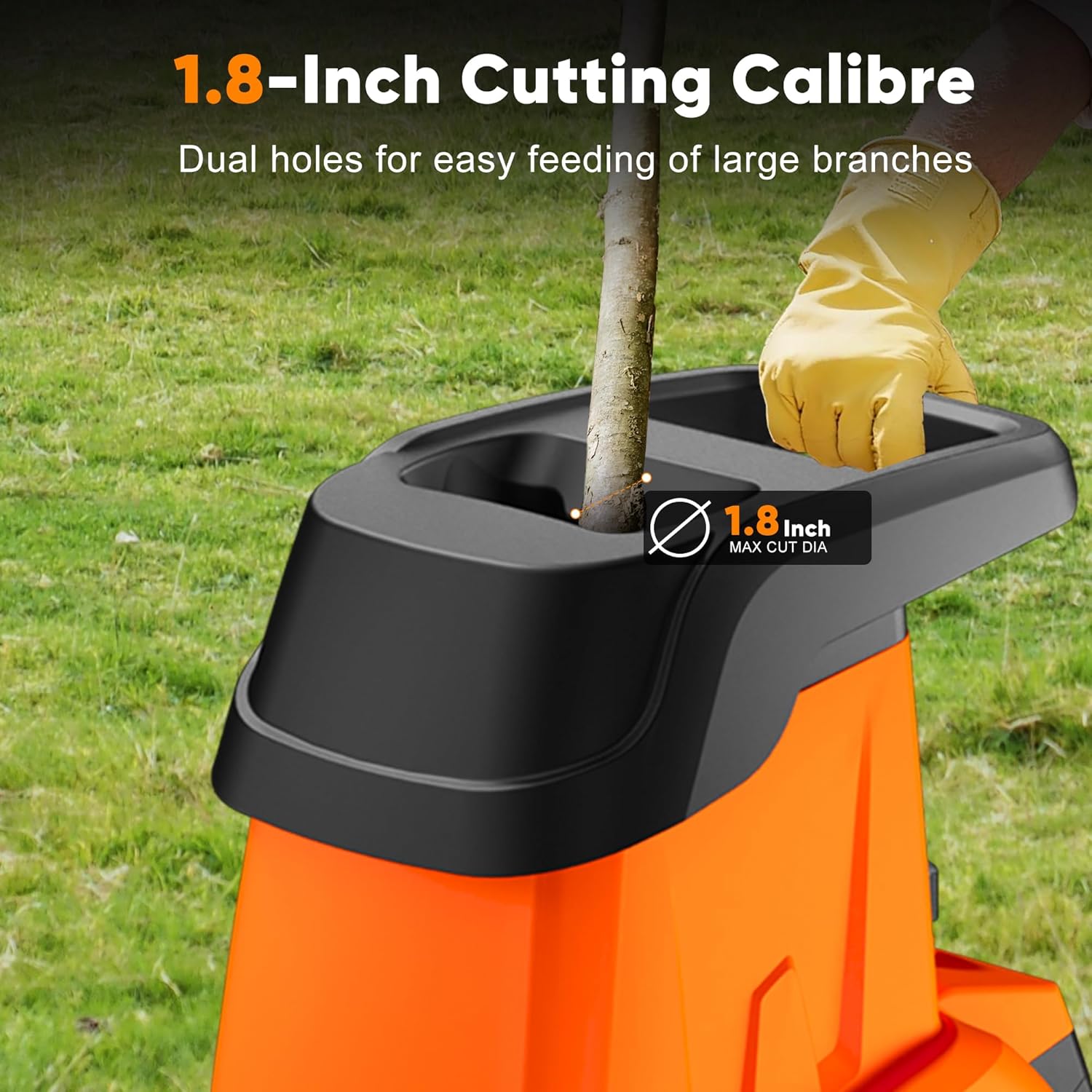 15-Amp Wood Chipper Shredder, 50L Collecting Bin, High Efficiency Electric Mulcher Shredding Machine with 25:1 Reduction Ratio, 1.8In Cutting Diameter, Large Portable Wheels for Yard Cleanup, Orange