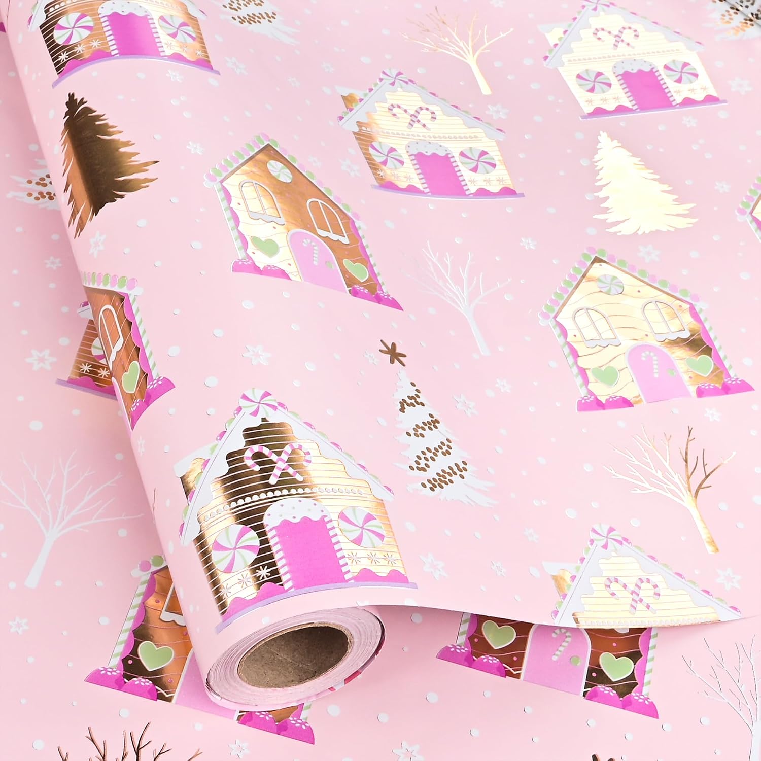 Dlyrroba Reversible Foil Christmas Wrapping Paper Roll - Pink House and Candy Canes Gift Wrap (Xmas House - Pink, 17 In X 16.5 Ft) image 2