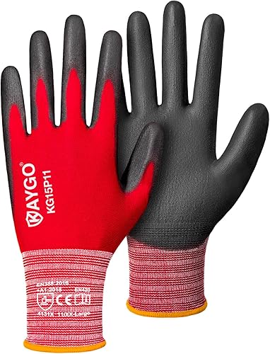 Vista 20 de KAYGO Guantes de trabajo con revestimiento de poliuretano, 12 pares, KG15P, forro de nailon con revestimiento flexible de poliuretano, guantes