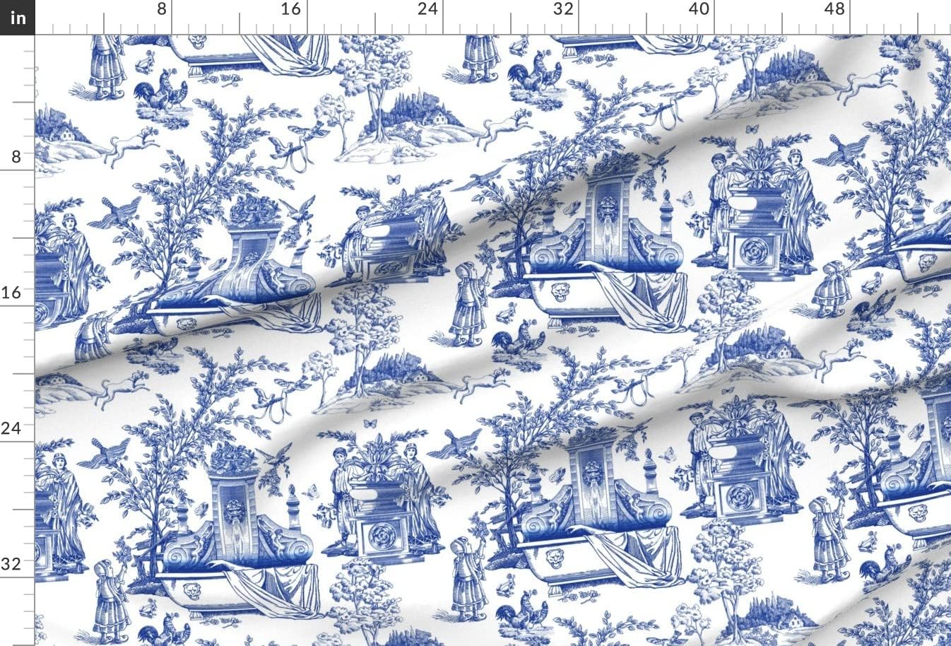 Spoonflower Fabric - Indigo Blue White Floral Toile Roses Classical Printed on Upholstery Velvet Fabric Fat Quarter - Upholstery Home Decor Bottomweight Apparel