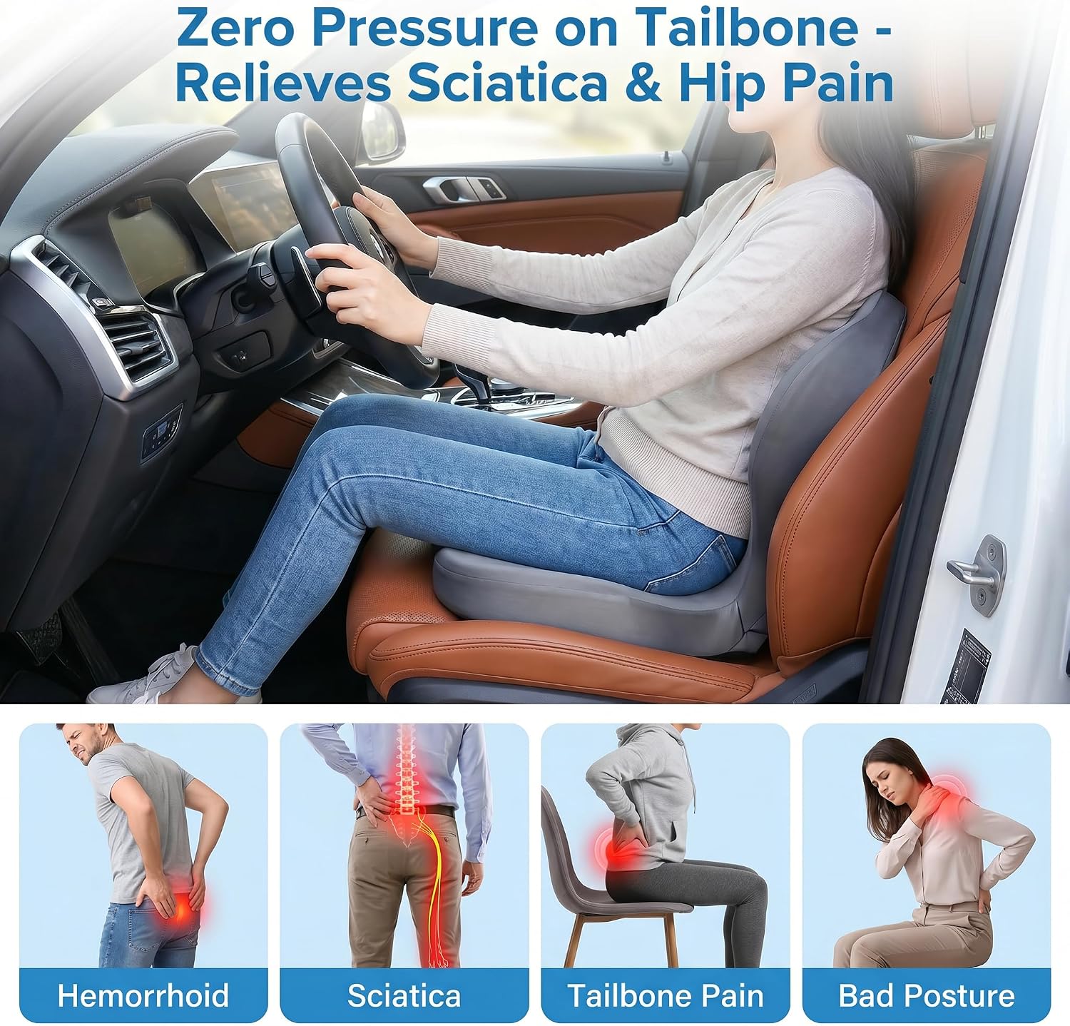 Driver Seat Cushion for Car, Ergonomic Memory Foam Car Seat Cushion for Long Driving with Taller Back & Lumbar Support, Breathable & Washable Auto Seat Pad for Sciatica & Tailbone Pain Relief