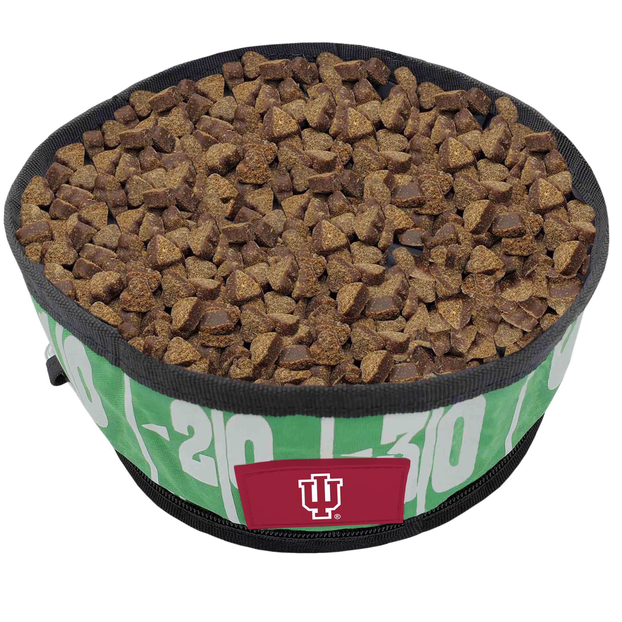 Pets First NCAA Indiana Hoosiers - Ciotola da viaggio pieghevole per cani e gatti, ciotola per cibo e acqua, leggera, a prova di perdite, per viaggi, con campo da calcio e design a grana di ciottoli