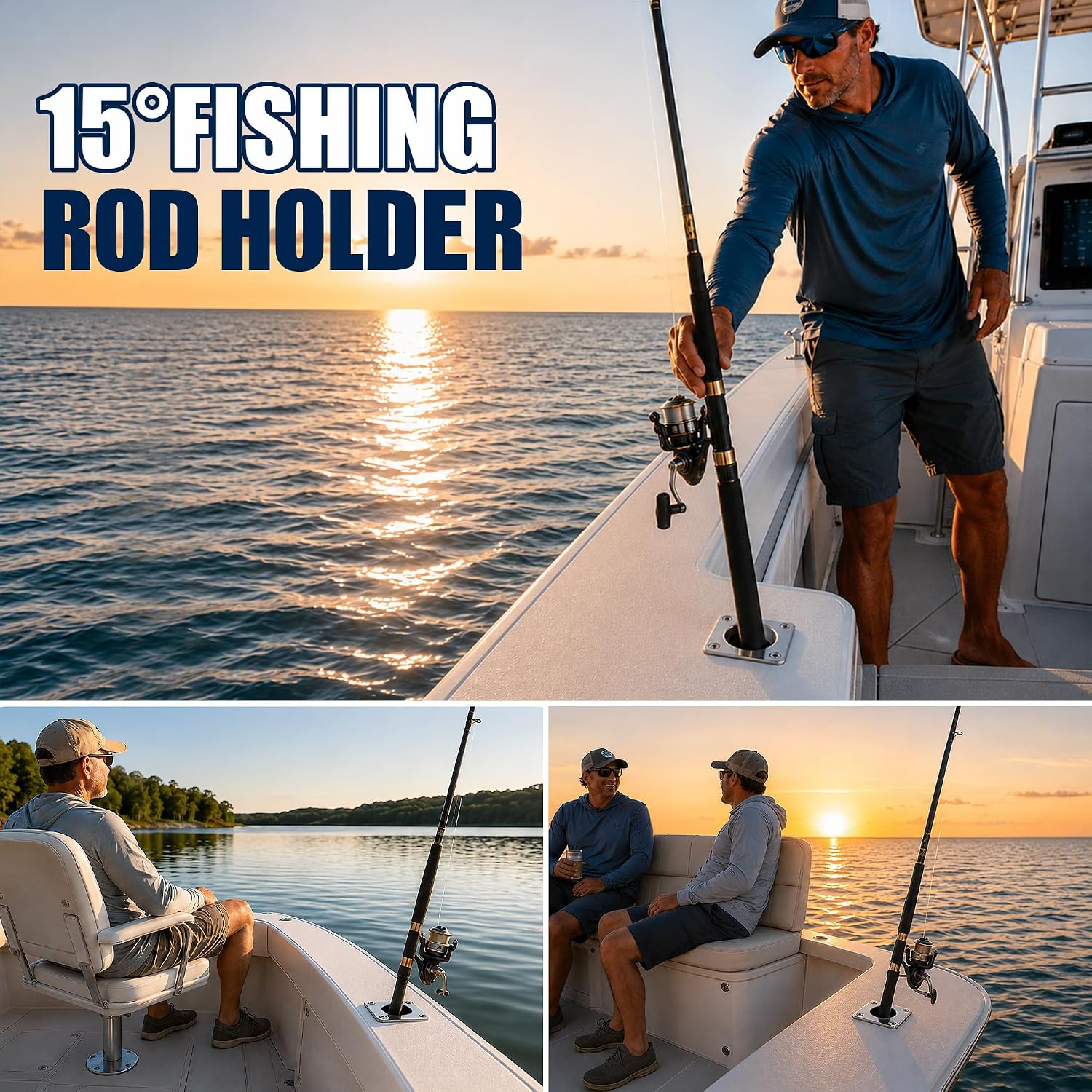 2Pcs Fishing Rod Holder, 15° Marine Stainless Steel Rod Holder | 15 Degree Flush Mount Boat Rod Holders, Marine-Made Stainless Steel Fishing Pole Holders for Boat, Yacht, Pontoon & Kayak