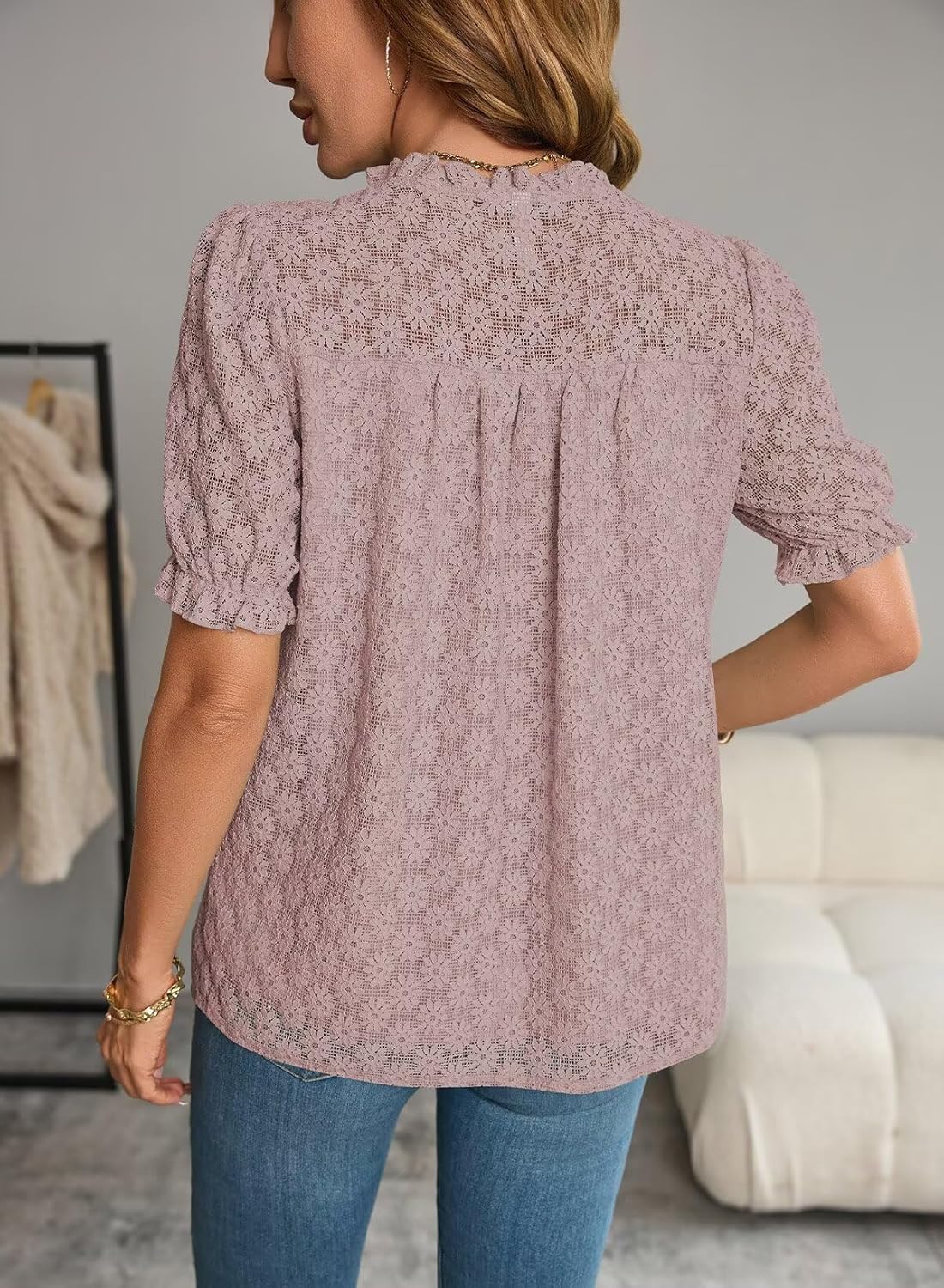 Tops For Women 2025 Boho Floral Short Puff Sleeve Shirts Summer Flowy V Neck Casual Lace Blouses - Image 2
