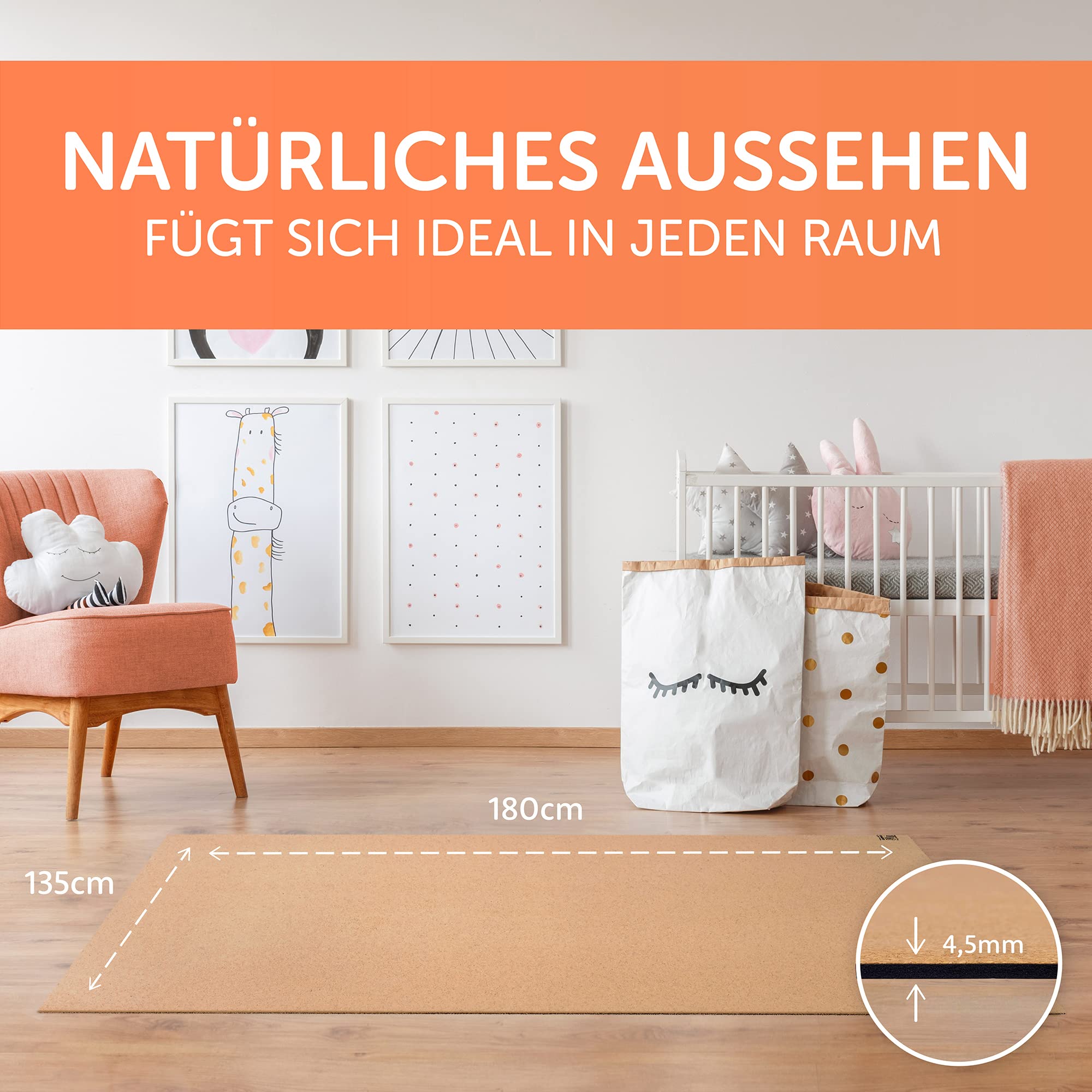 Famifidus Krabbelmatte Baby schadstofffrei - Kinder Spielmatte aus Kork & Naturkautschuk - 180 x 135 cm - Bodenmatte mit 4,5mm Stärke ideal als Spielunterlage, Spiel und Krabbelunterlage Braun