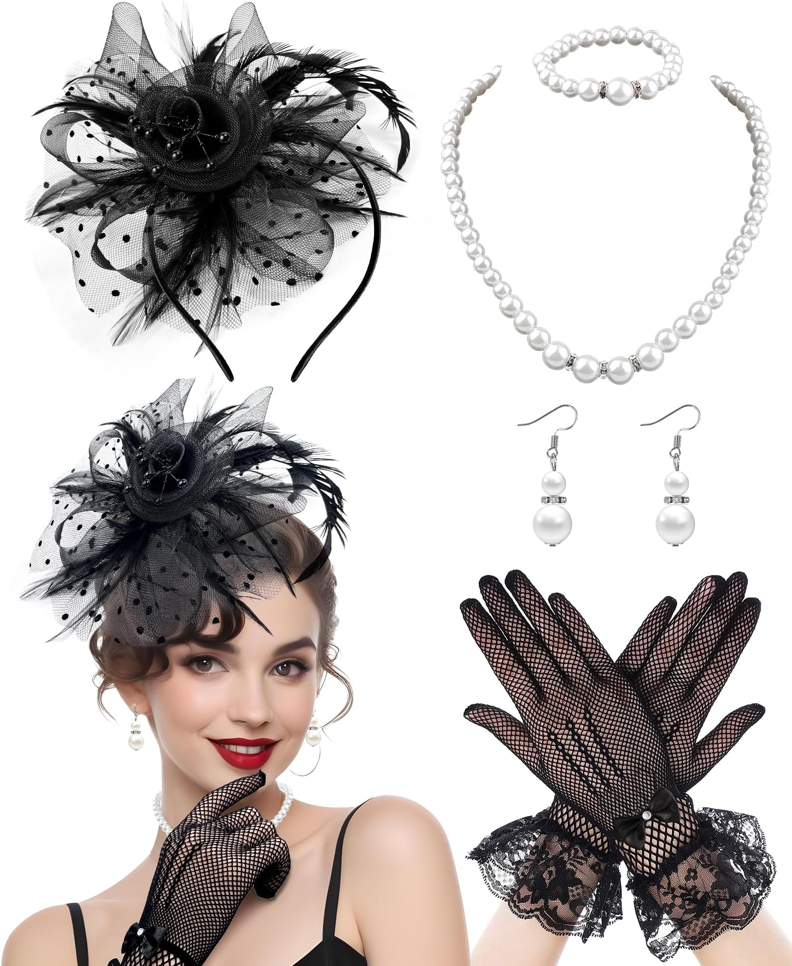 5Pcs Fascinators Hat for Women Tea Party Veil Mesh Headband Feather Hat for Women Veil Tea Party Hats