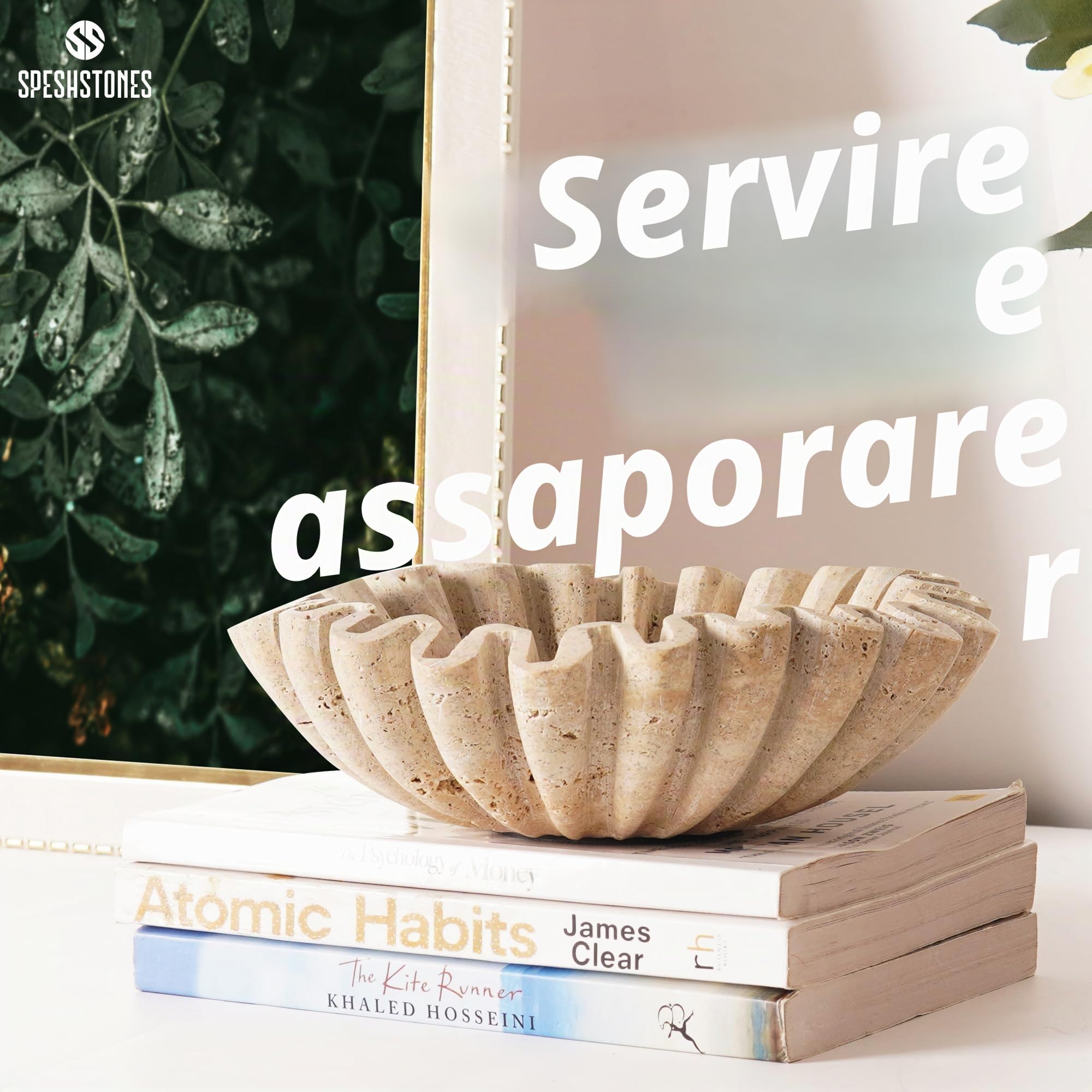 SPESHSTONES Ciotola in travertino con volant da 20,3 cm, grande, decorativa, per bancone della cucina e tavolo da pranzo, centrotavola, in pietra, beige, scanalate e smerlate, per tavolini da caffè e