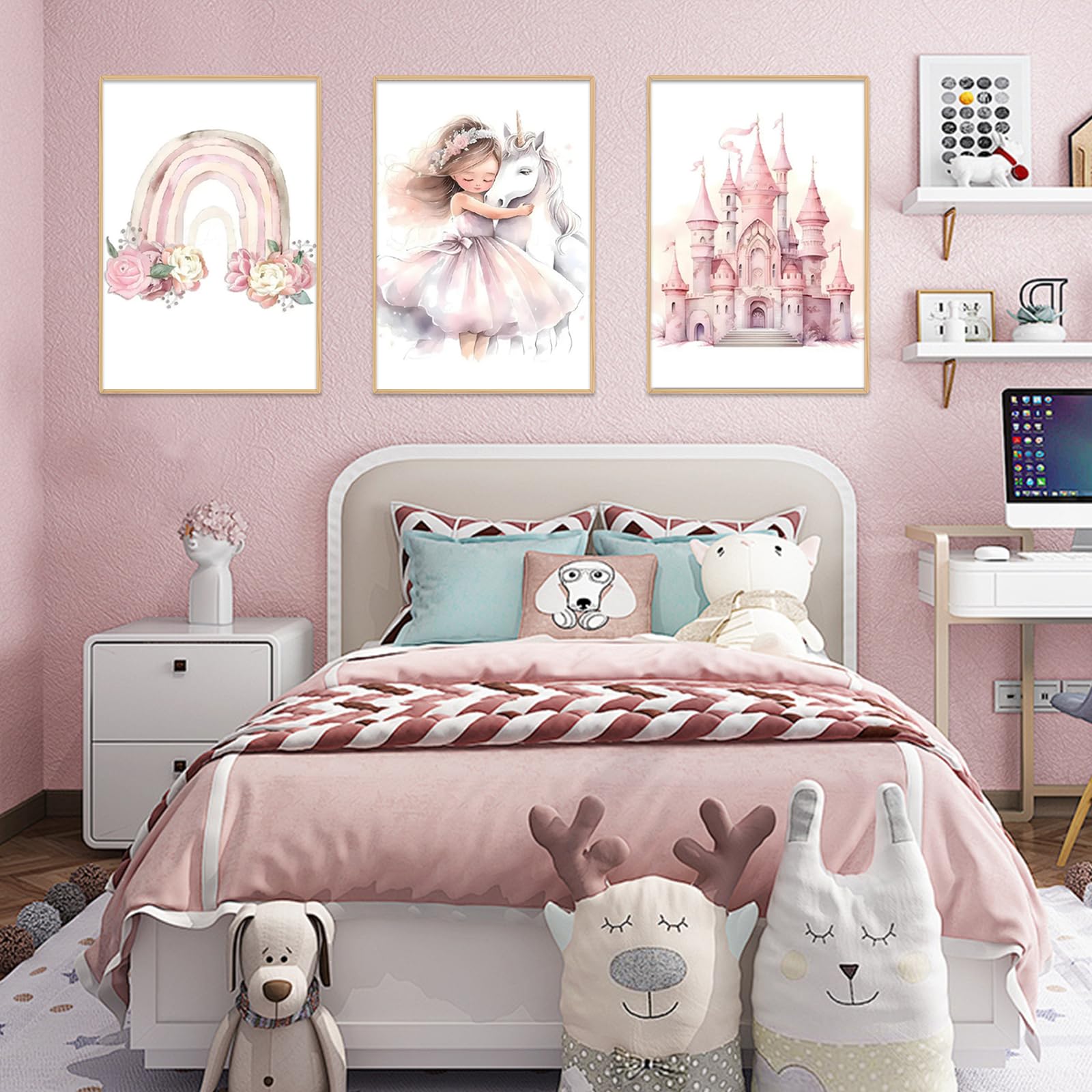 Zamety Poster da Parete Ragazza, Quadro Camera da Letto 30×40cm, Set di 3 Poster Arcobaleno Unicorno Principessa e Castello, Stampe da Parete Adatto per Camerette per Bambine, Senza Cornice