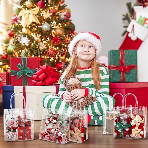 Miniatura 5 de Gueevin 60 bolsas de regalo transparentes de Navidad con asas, bolsas de plástico a granel, bolsas de regalo de copos de nieve, congelados, bolsas