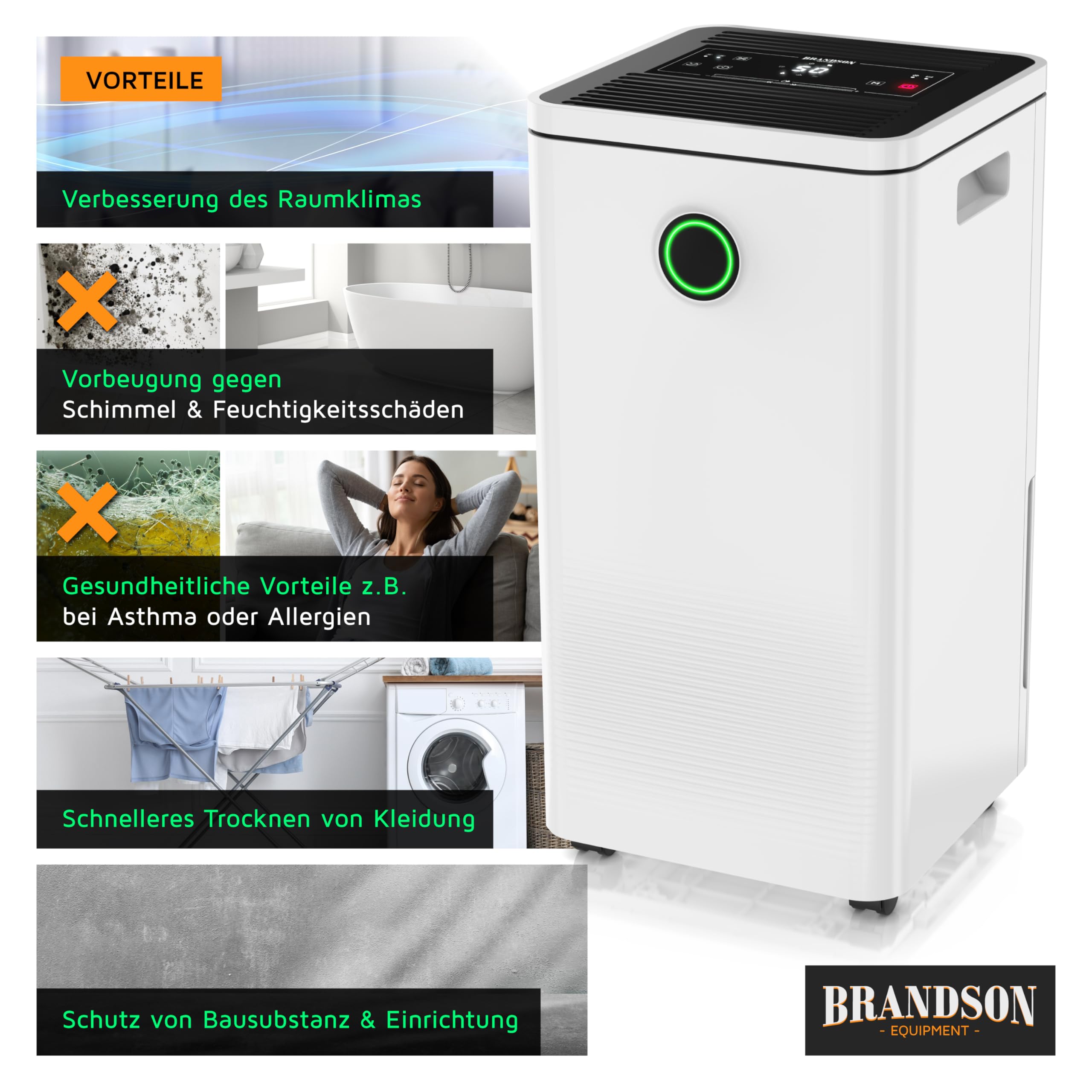 Brandson - Luftentfeuchter 10L mit Kompressor – Dehumidifier Raumentfeuchter elektrisch – 10 Liter / 24h – sehr leise - Schlafzimmer Bad Keller
