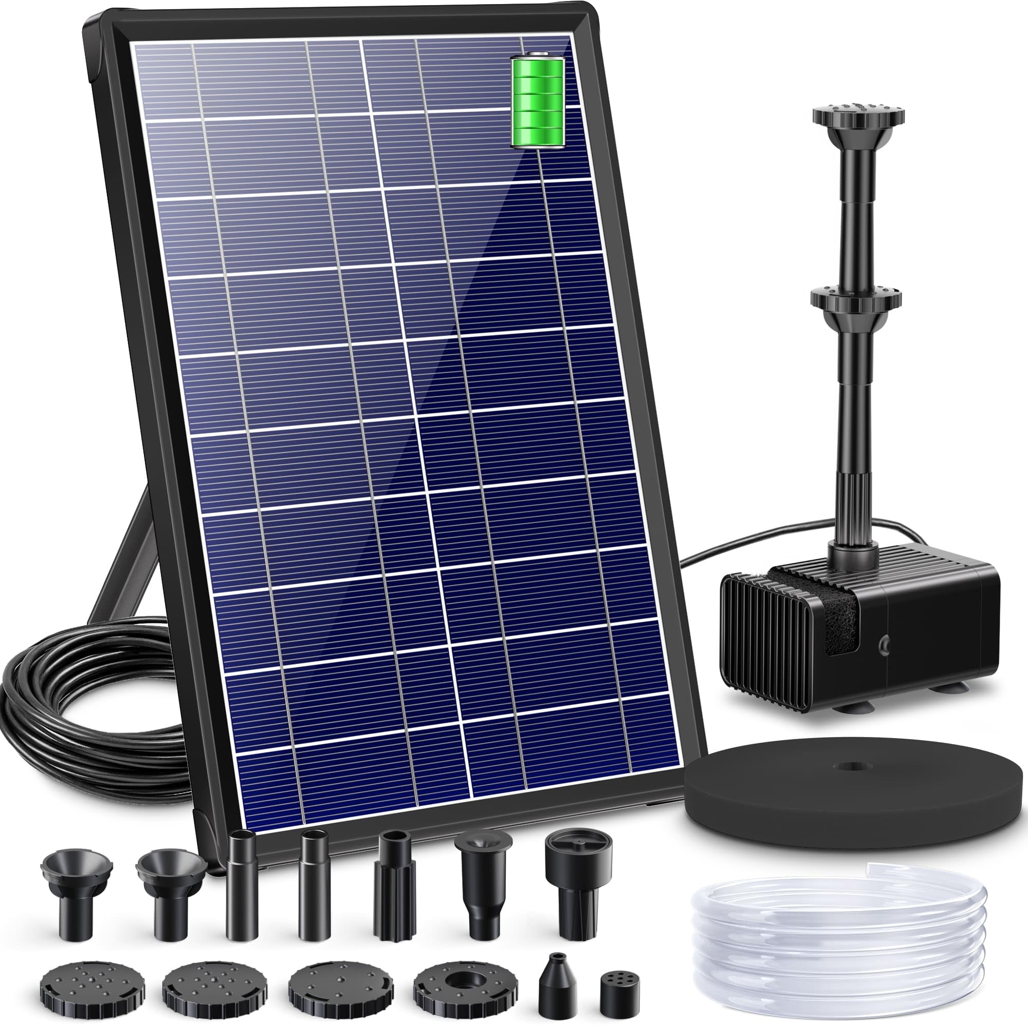 Biling Solar Springbrunnen für Außen mit 3600mAh Akku Solarbrunnen mit Glas Panel, Solar Teichpump mit 10 Sprühstilen für Vogelbad Mini Teiche Draussen Wasserspiel, mit 4ft Wasserleitung Wasserpumpe