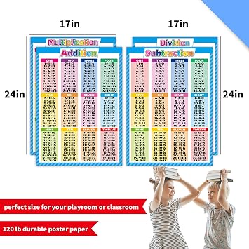 Noare 4 Extra Large Educational Math Posters, Multiplication Table Chart Division Addition Subtraction Educational Table Chart , Learning Posters for Kids Elementary Middle School Classroom, 17 x 22