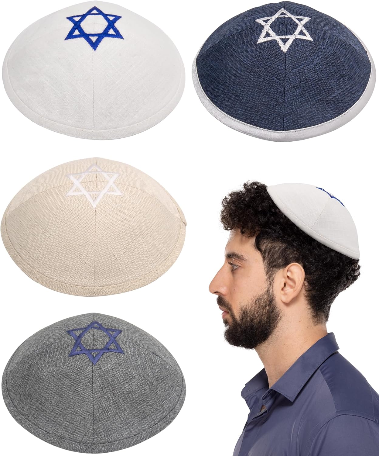 Pack of 4-Pcs - Hq 17/19cm Mix Colors Knitted/Linen Kippah with Star of David Embroidery for Men Boys and Kids