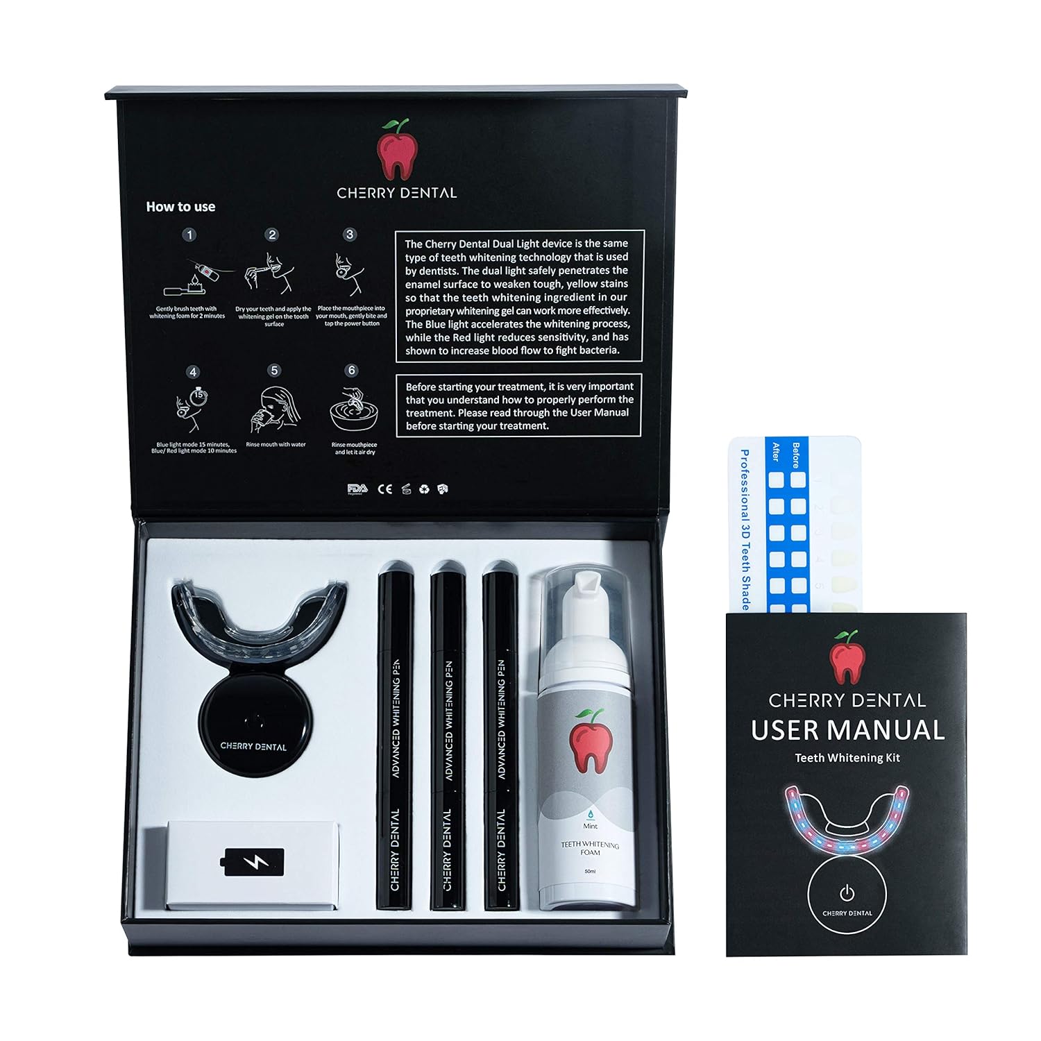 CHERRY DENTAL PROFESSIONAL AT HOME TEETH WHITENING KIT, DESIGNED BY US DENTISTS, OVER 100 TREATMENTS, SAFER THAN WHITENING STRIPS, 32X LED RED/BLUE LIGHT, SNOW WHITENING PENS, SAFE FOR SENSITIVE TEETH : Beauty & Personal Care