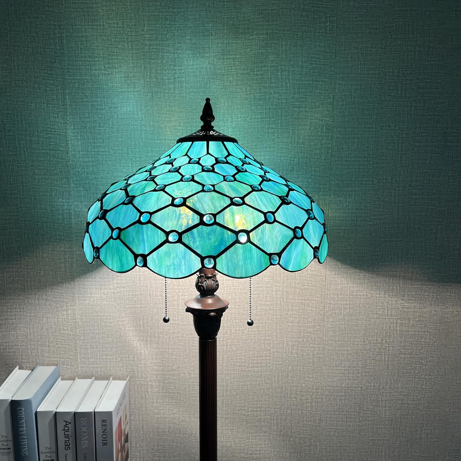 Capulina Tiffany Lamp Stained Glass Floor Lamp 2-Light 16X16X63 Inches Seagrass Blue Beads Tiffany Style Standing Reading Lamp for Living Room Bedroom Home Office