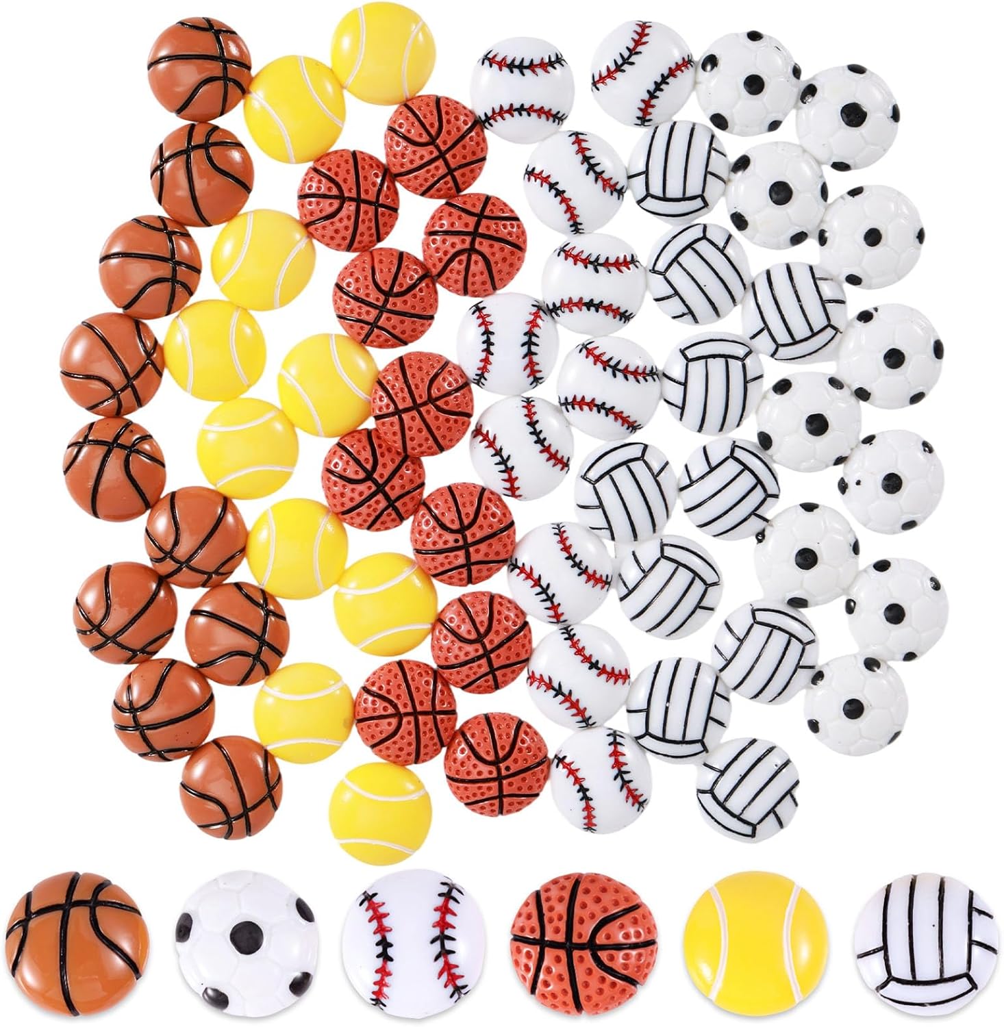 60pcs Sport Ball Charms, Assorted Sport Ball Flat Back Charms Tiny Resin Basketball Baseball Volleyball Football Tennis Beads for DIY Crafts Scrapbooking