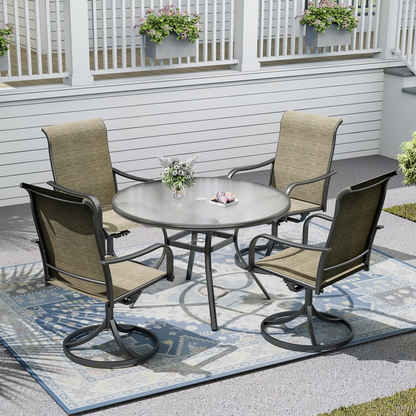 Outdoor Patio Set,40" Round Glass Dinging Table and 4pcs Swivel Chairs,All-Weather Patio Furniture Set with 1.9" Umbrella Hole for Garden Backyard Lawn Poolside