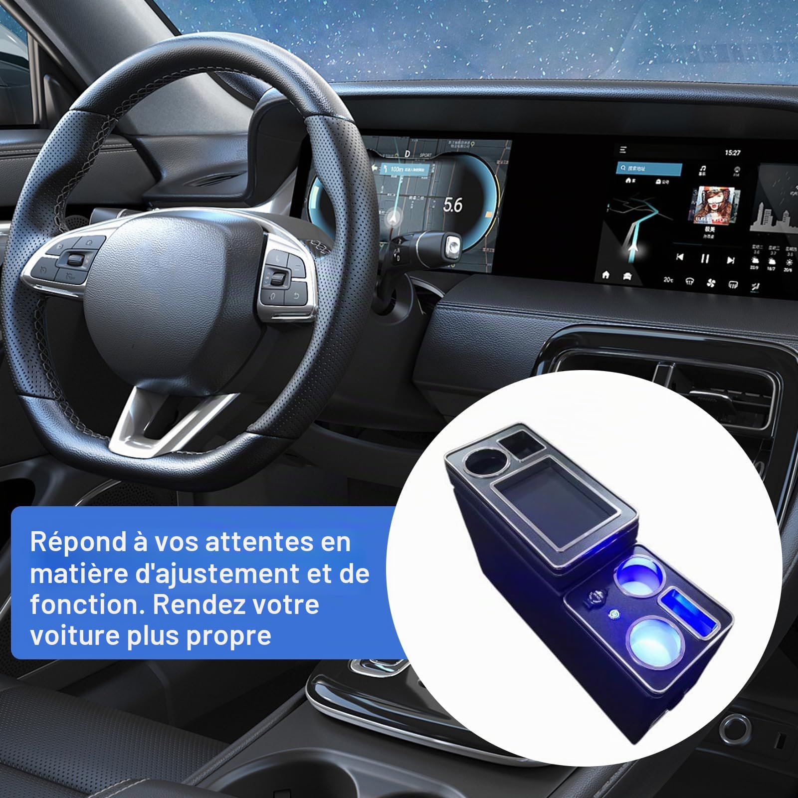 Console Centrale Améliorée Avec Boîte de Rangement Compatible Avec T5 T6 | T6.1 2013-2019, Console Centrale de Voiture, Chargement Sans Fil, Console Centrale Avec USB et Lumières LED