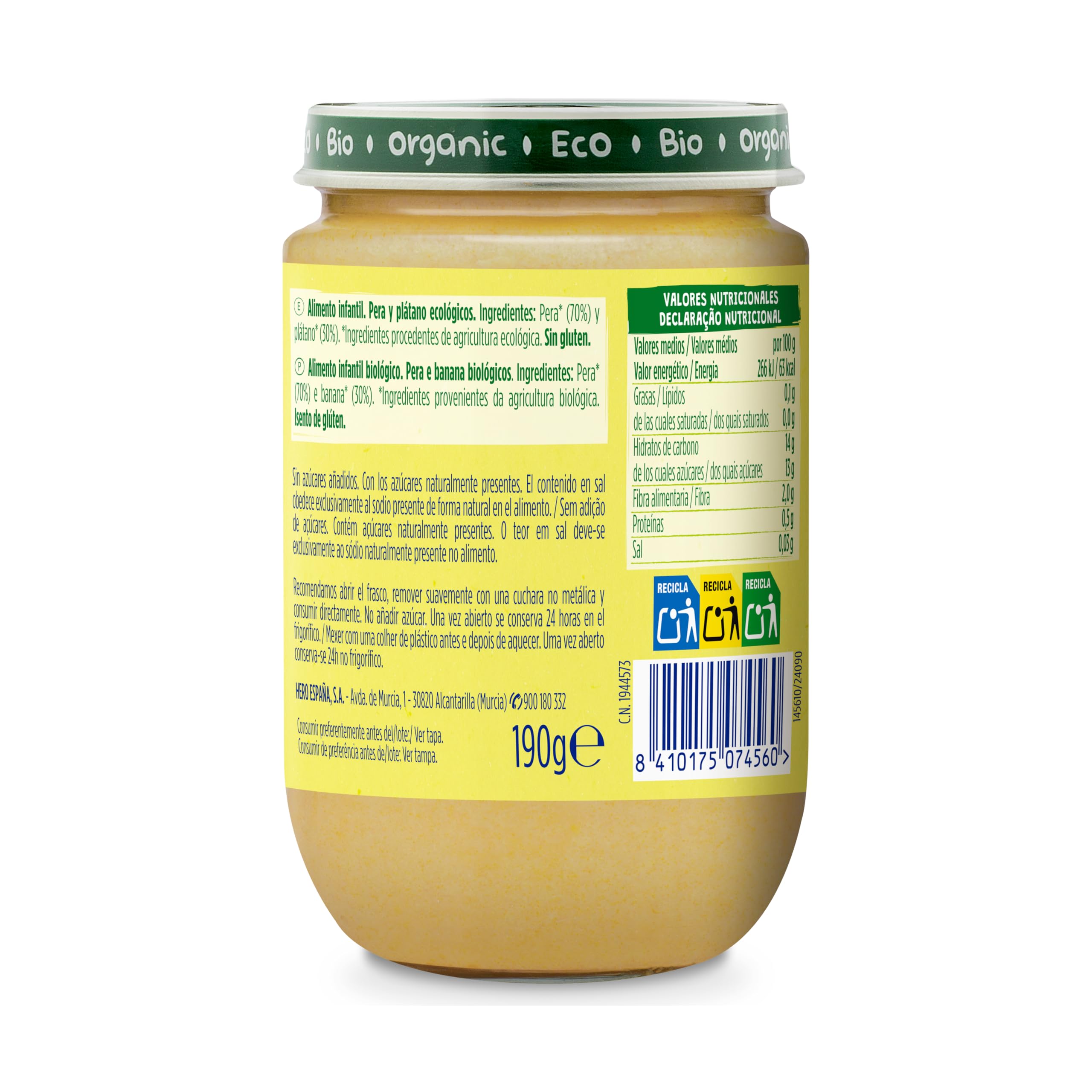Hero Solo Tarrito de Pera y Platáno, 190g