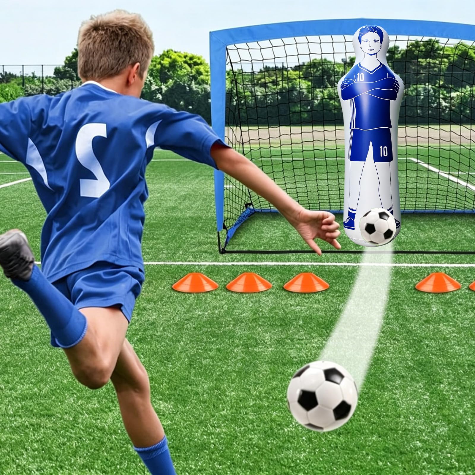 Mannequin de Football Gonflable 40 x 160 cm : Mannequin de Gardien de But Bleu en PVC de 0,35 mm, idéal pour Les Coups francs et l'entraînement au Football, notamment pour Les Gardiens de But.