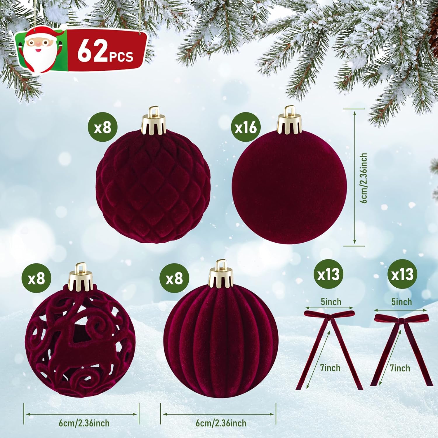 62PCS Burgundy Velvet Christmas Ornaments,Shatterproof Burgundy Flocked Ornaments for Xmas Tree Decorations Included 36PCS Christmas Balls and 26 PCS Velvet Bows - Image 2
