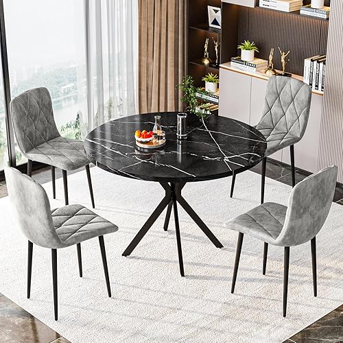 Miniatura 3 de DKLGG Juego de mesa redonda de comedor para 4, mesa de comedor de mármol sintético de 39 pulgadas con sillas tapizadas de terciopelo, juego de mesa