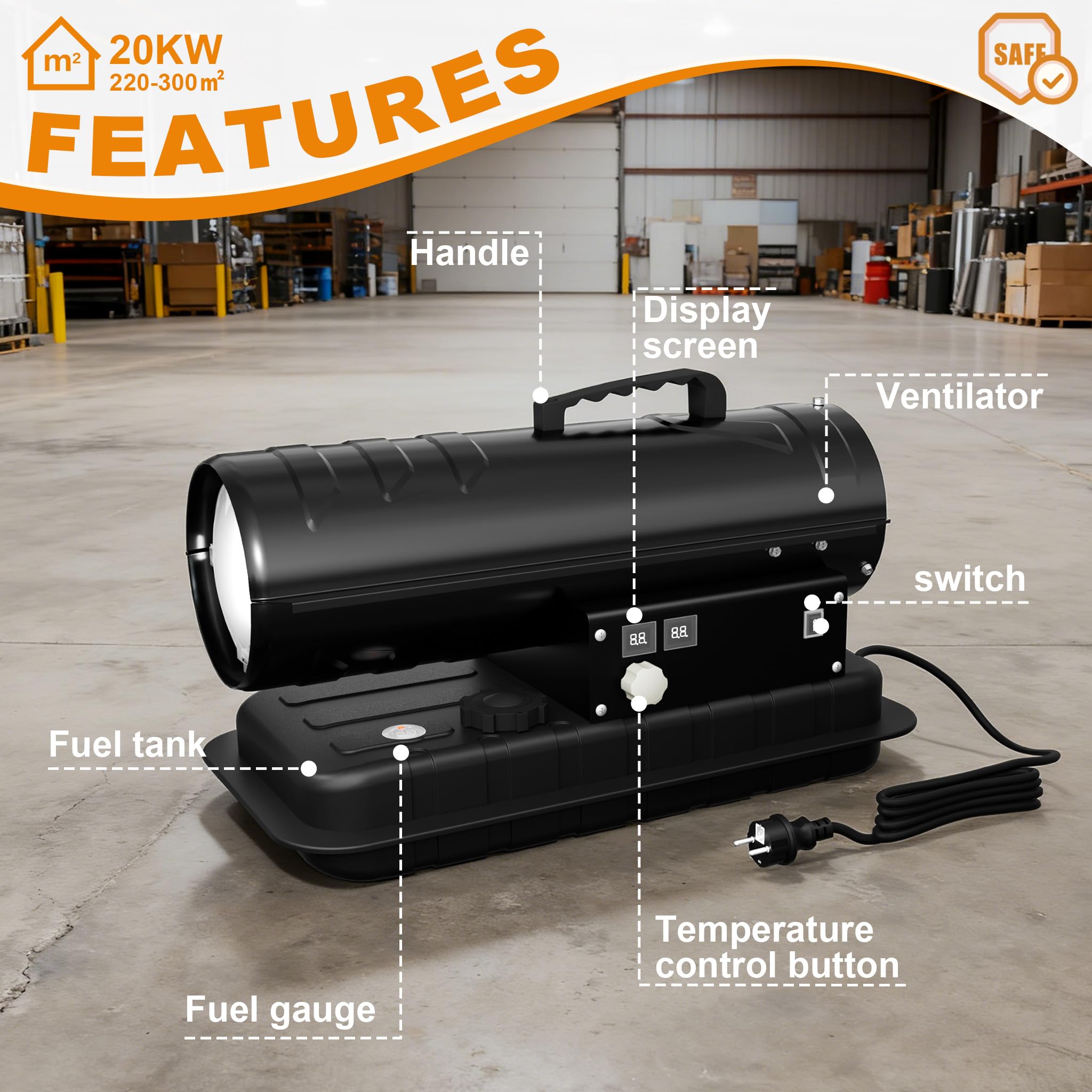 UISEBRT 20 kW Ventilateur de chauffage diesel, canon à chaleur diesel déshumidificateur de construction avec thermostat et indicateur de niveau de carburant, 550 m³/h radiateur pour ateliers