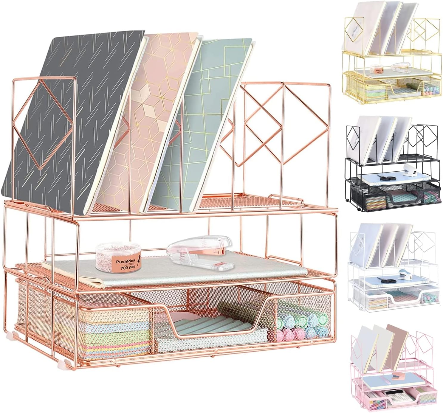 Becomrock Desk Organizers and Accessories, Office Supplies Desktop Organizer, Desk File Organizer with Sliding Drawer, Dual Tray and 5 Upright Section, File Folder Holder for Desk (Rose Gold)