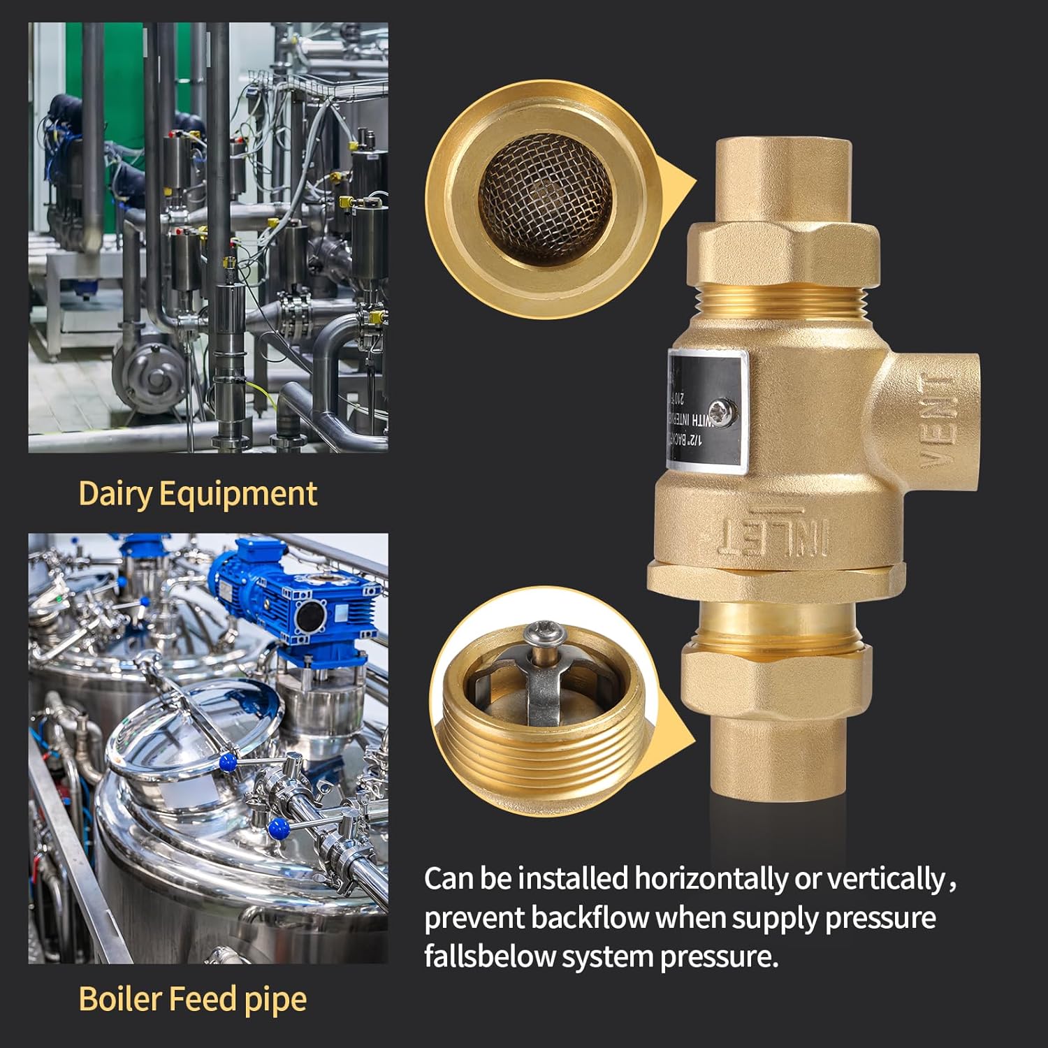 1/2" 9D-M3 Brass Backflow Preventer, 1/2 Inch Dual Check Valve with Intermediate Atmospheric Vent, 1/2 Back Flow Preventer Valve 190T012