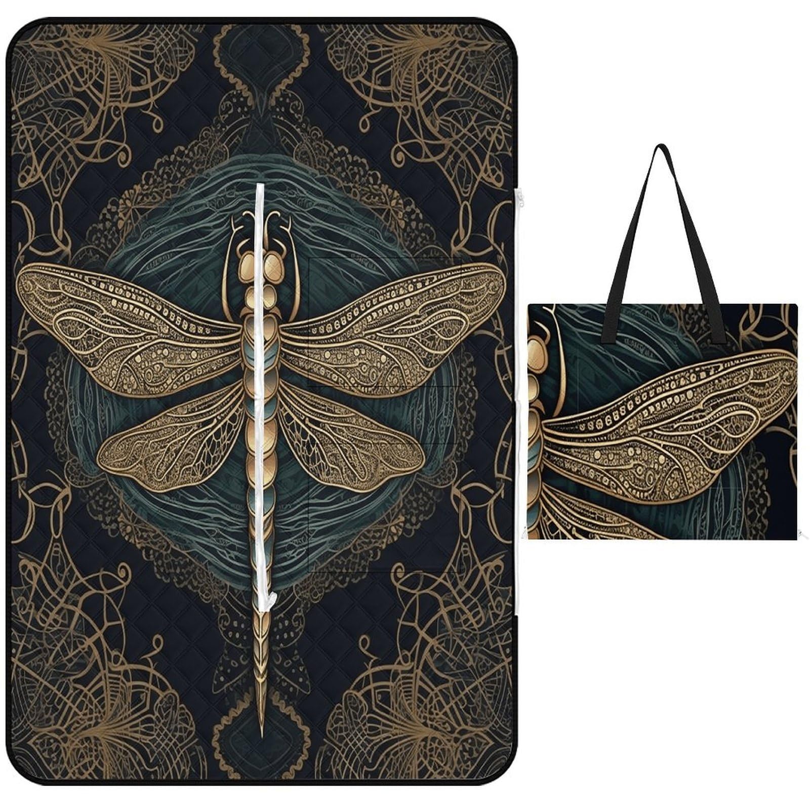 VstaDank Dragonfly Picnic Mat 150x100cm Extra Large Picnic Blanket with Zipper Waterproof Sandproof Beach Blanket Portable Beach Mat Foldable Camping Blankets for Park Grass Lawn Travel