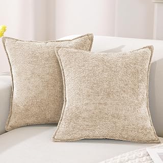 YSTELLAA Chenille Cushion Covers 2 Pieces, 40×40cm, Soft Cushion Cover With Invisible Zipper, Washable Square Modern Pillow Covers, Throw Pillow Covers For Sofa Home Bedroom, Oat