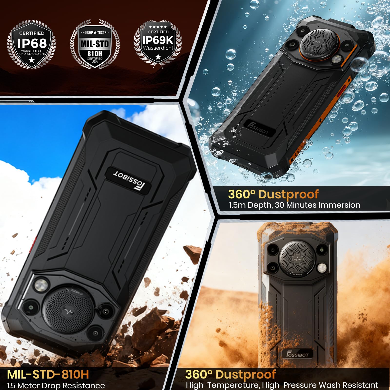 FOSSiBOT F110 Pro 5G Telefono Cellulare Infrangibile 10000mAh 20GB + 128GB/2TB, Altoparlante 128dB, Dimensity 6300 Display HD+ 6,745", Android 15 Smartphone Infrangibile 50MP, Dual SIM IP68/IP69K/NFC