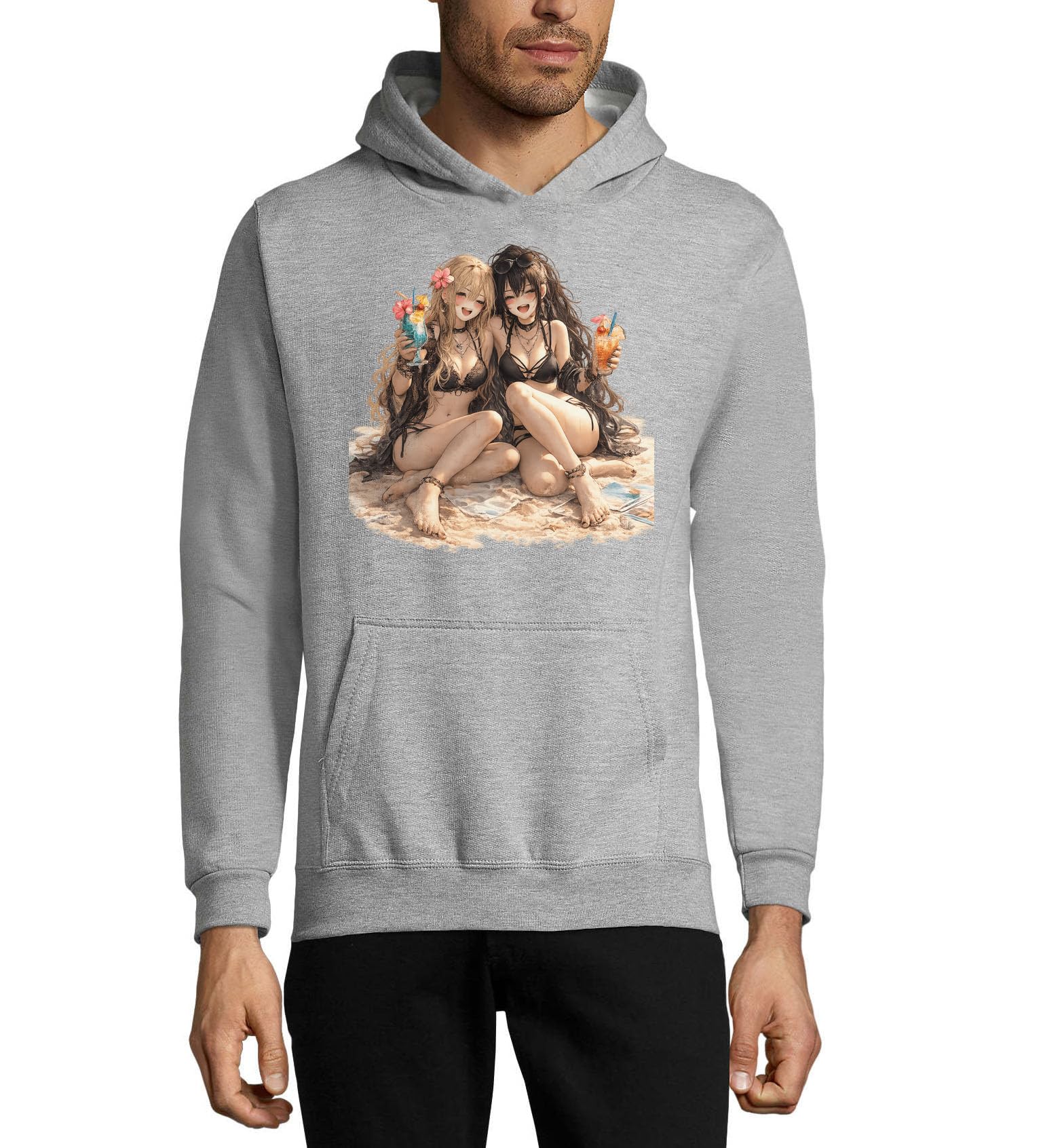 Dwie kobiety śmiejące się cieszące się plażowymi napojami unisex mieszanka bawełny bluza z kapturem bluza z kapturem szara