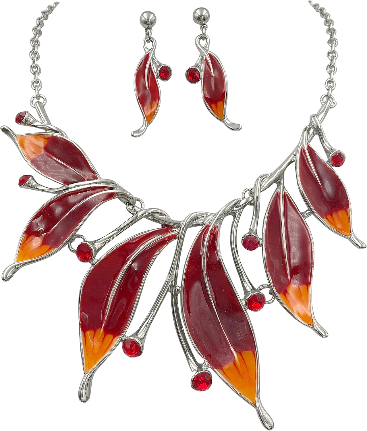 Gypsy Jewels Feather Leaves Statement Short Necklace & Earrings Set (Red & Orange)