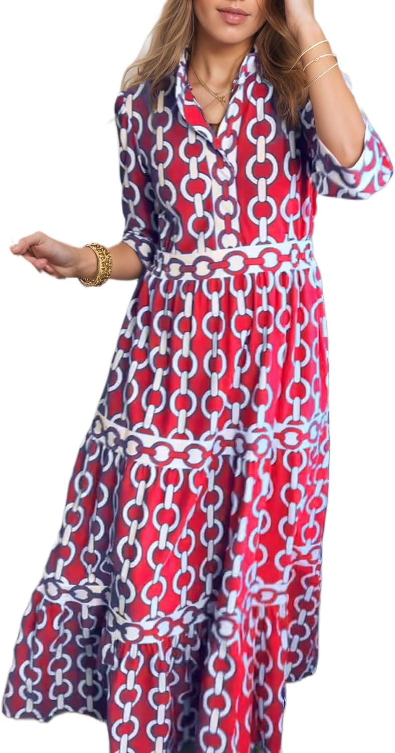 Akivide Women's Boho Printed Lapel 3/4 Sleeve Dress Summer Casual Loose Flowy Elegant Beach Vacation Maxi Dress