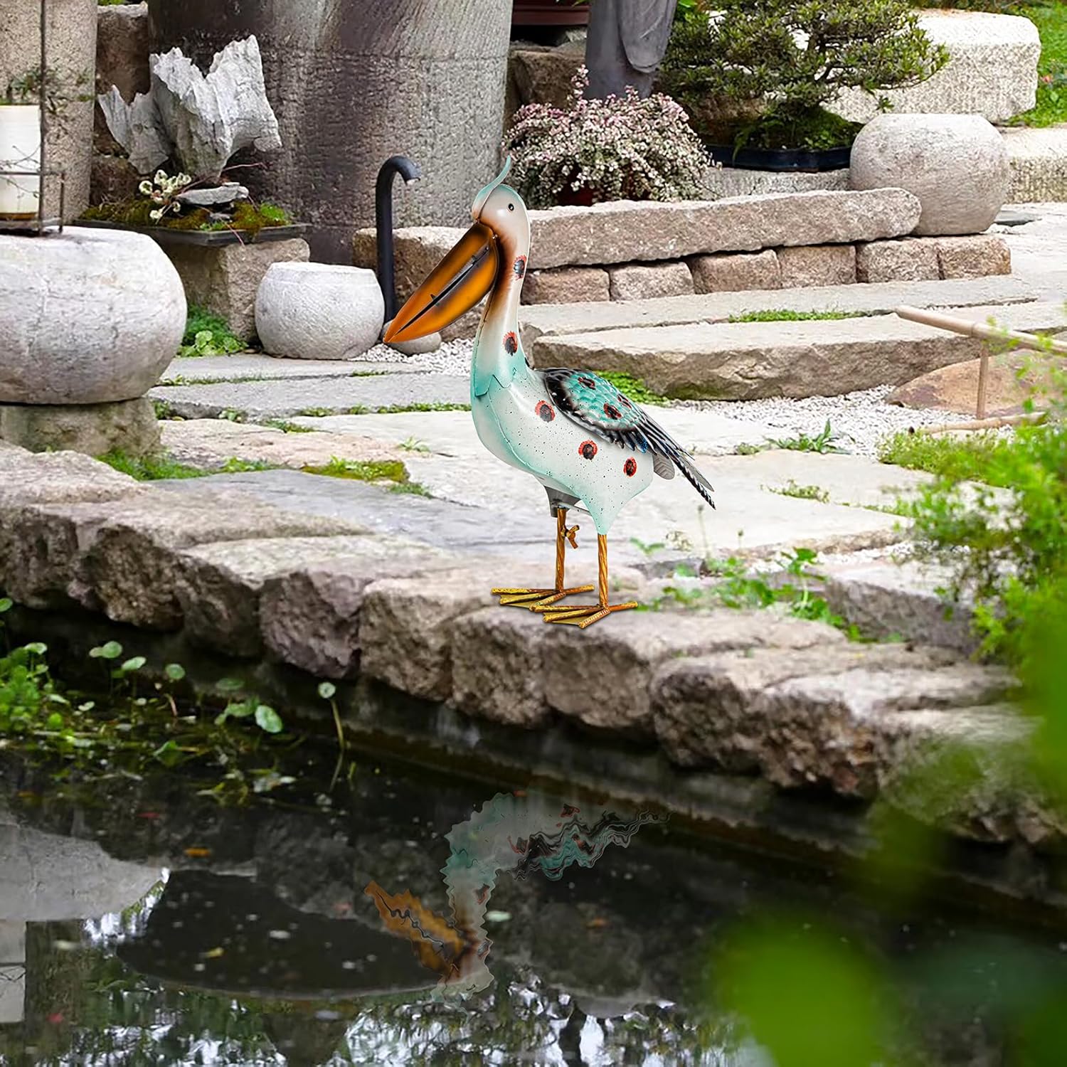 Metal Pelican Garden Statues, Light Green Pelican Coastal Decor for Outdoor Yard Beach Lawn Patio Pool Display (Color-2)