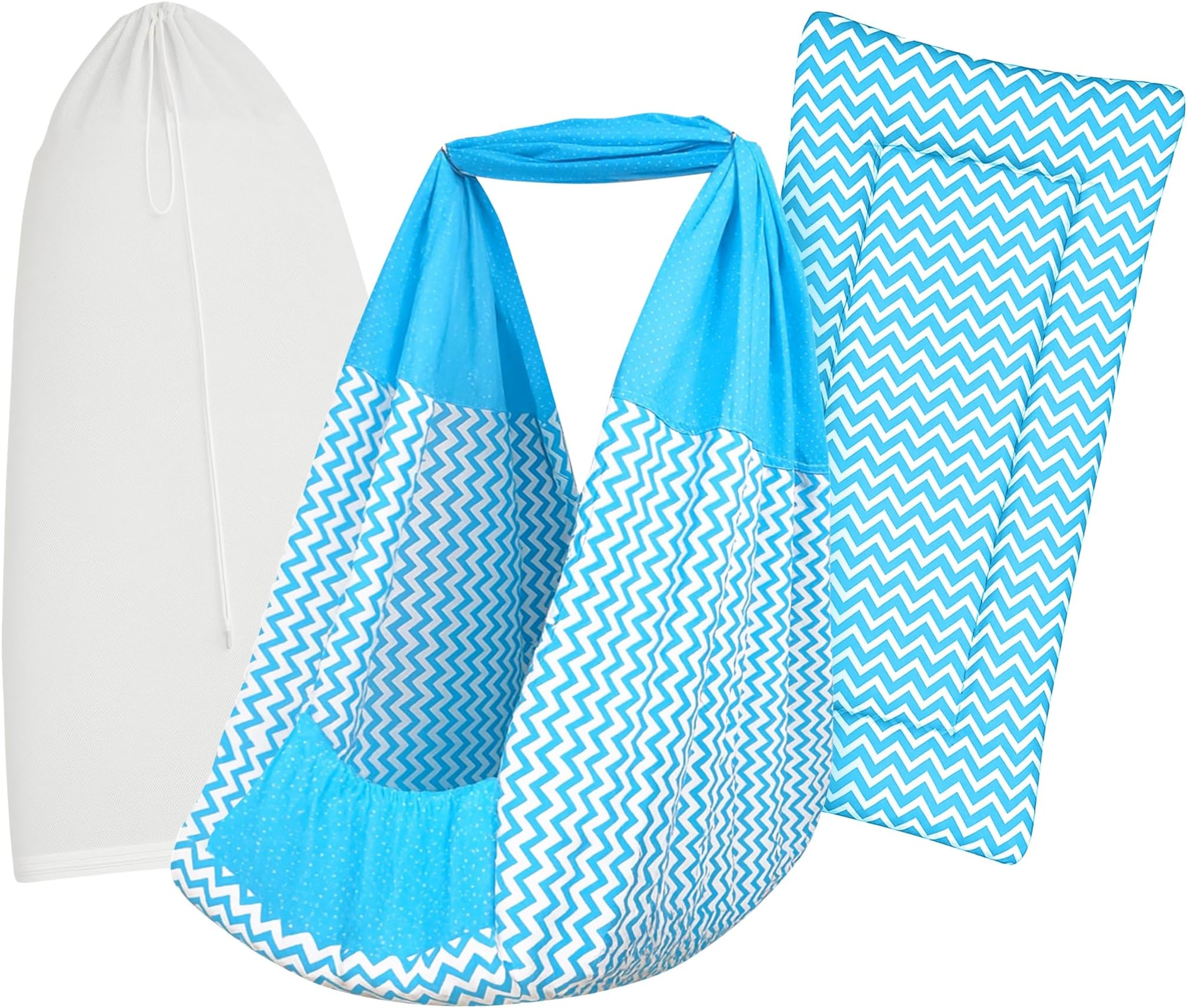 Baby Cradle Set Swing/Jhula (Thottil Cloth, Palna, Dolna) | Hanging Cradle Cloth with Removable Bed and Mosquito Net | Up to 15 kg | CRA-Blue Stripe