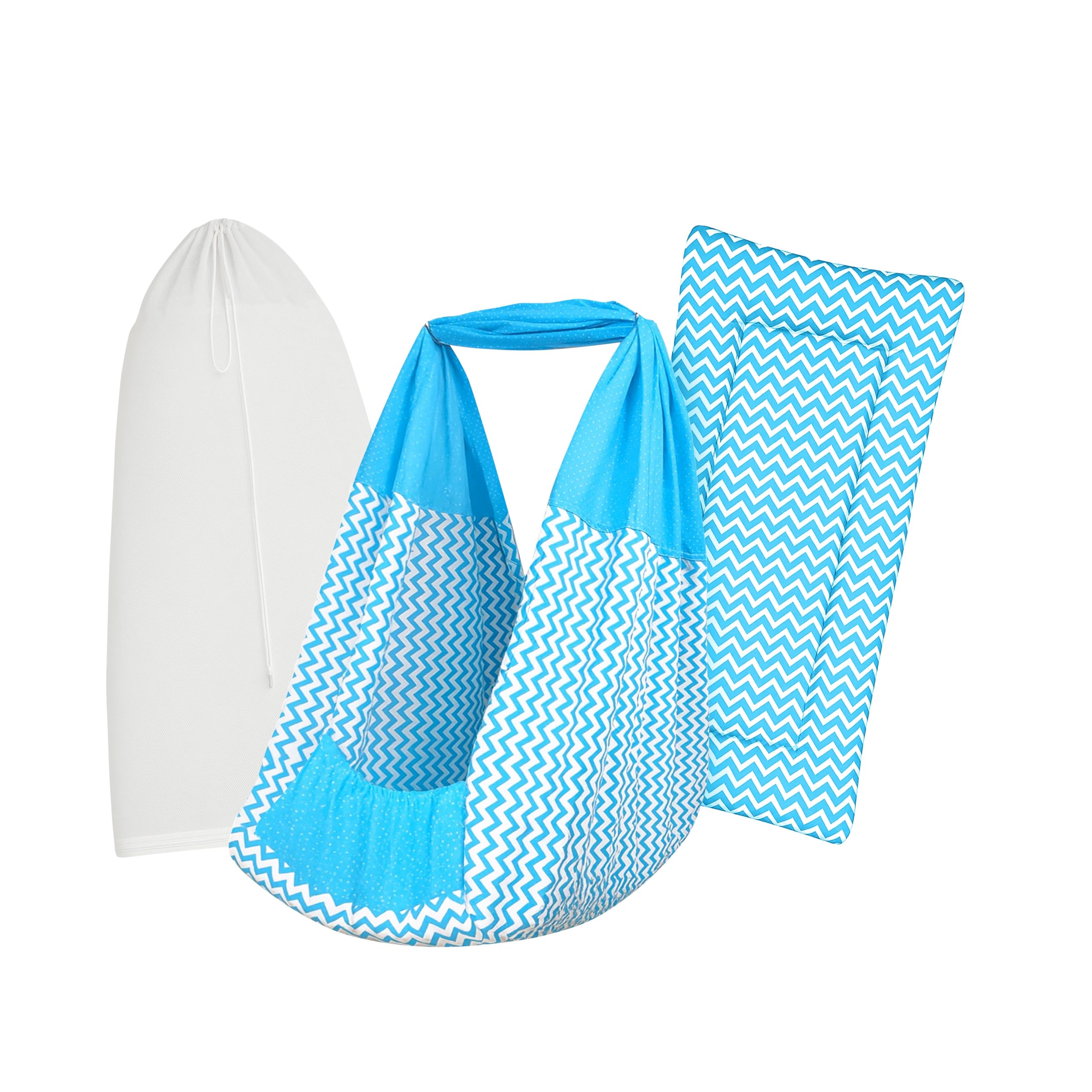 Baby Cradle Set Swing/Jhula (Thottil Cloth, Palna, Dolna) | Hanging Cradle Cloth with Removable Bed and Mosquito Net | Up to 15 kg | Up to 2 Years | CRA-Blue Stripe