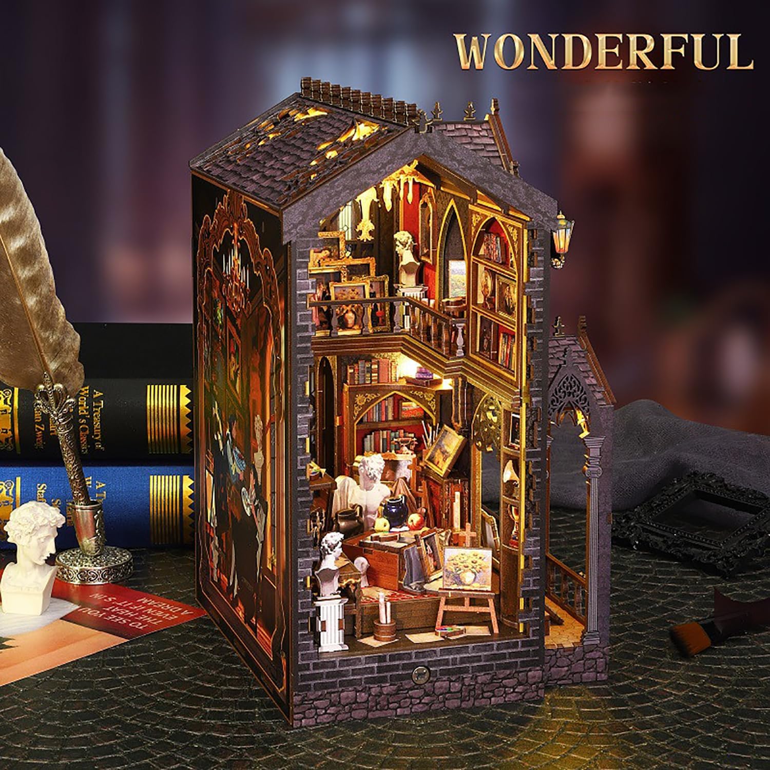 DIY Book Nook Kit - Miniature Dolls House Kit with Furniture and LED Light, 3D Puzzle Wooden Art Bookends, Model Kits for Adults to Build (Wonderful Studio)