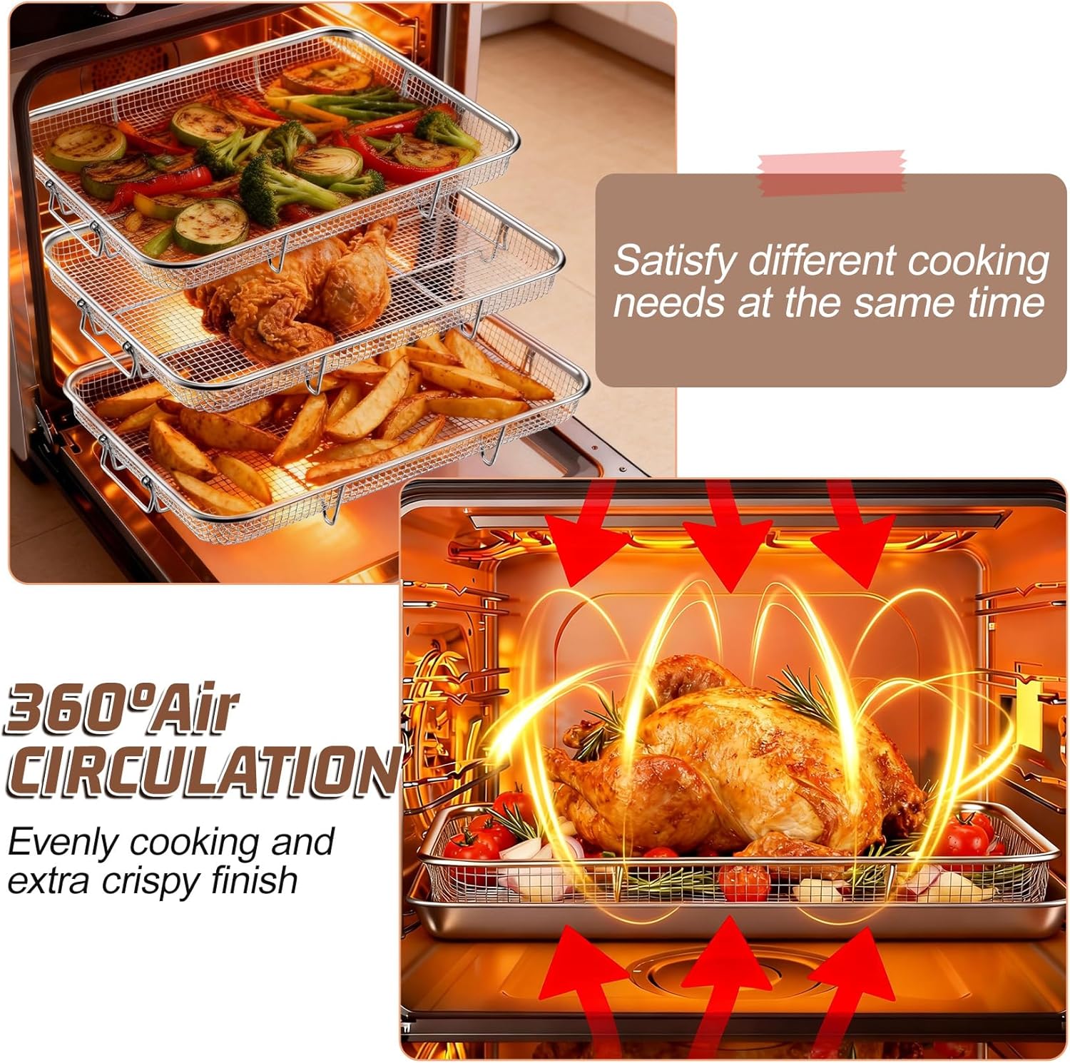 P&P CHEF 15.4 Inch Air Fryer Basket for Oven, 3 Pieces Stainless Steel Air Fryer Racks Accessories for Cooking Baking Roasting, Dehydrator Rack Frying Baskets, Non Toxic & Dishwasher Safe