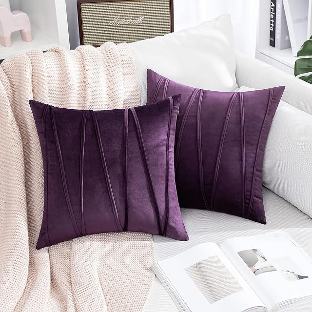 MIULEE Striped Velvet Cushion Cover Soft Solid Decorative Square Pillow Case Throw for Sofa Couch Bedroom with Invisible Zipper 2 Pieces 16"x16" 40x40cm Purple