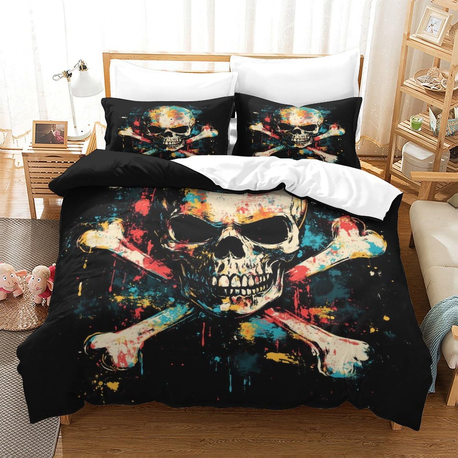 P1s9u7w5y Skull-1 Graffiti Skull 3D Printed Duvet Cover Set 3Pcs Microfiber Skull Bedding Set Super King（260X220cm）