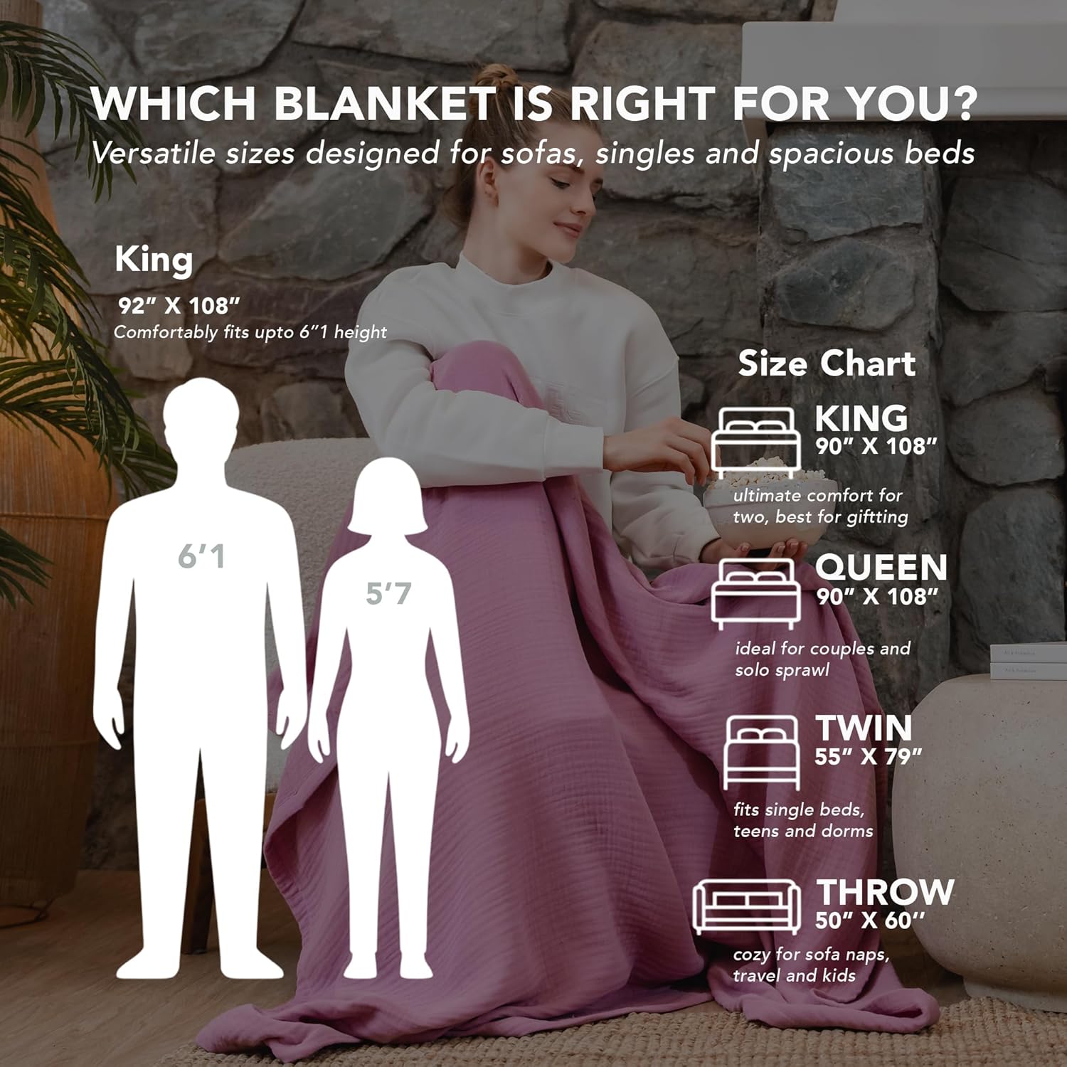 Goqan Muslin Blanket Queen 79x90 – 100% Turkish Cotton 4 Layer Boho Muslin Blanket for Adults, Four Season, Lightweight and Thin, Soft, Breathable for Bed,Couch - Pink
