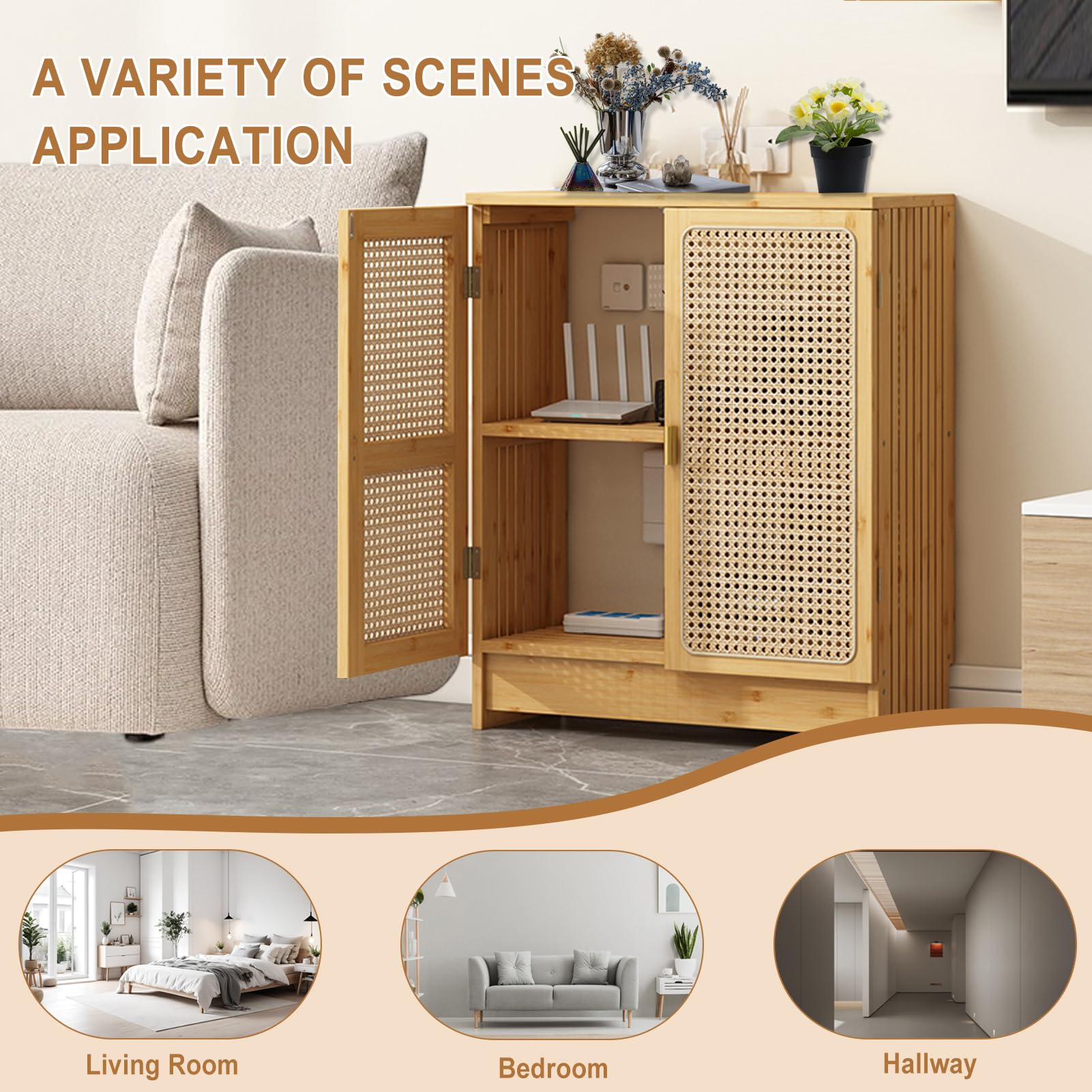 Jueraori Rattan Router Schrank Verstecken, WiFi Router Aufbewahrungsbox mit Verstellbaren Regalen, Vielseitig Bambus Aufbewahrungsschrank für Wäsche, Küche, Wohnzimmer, 70x50x25cm