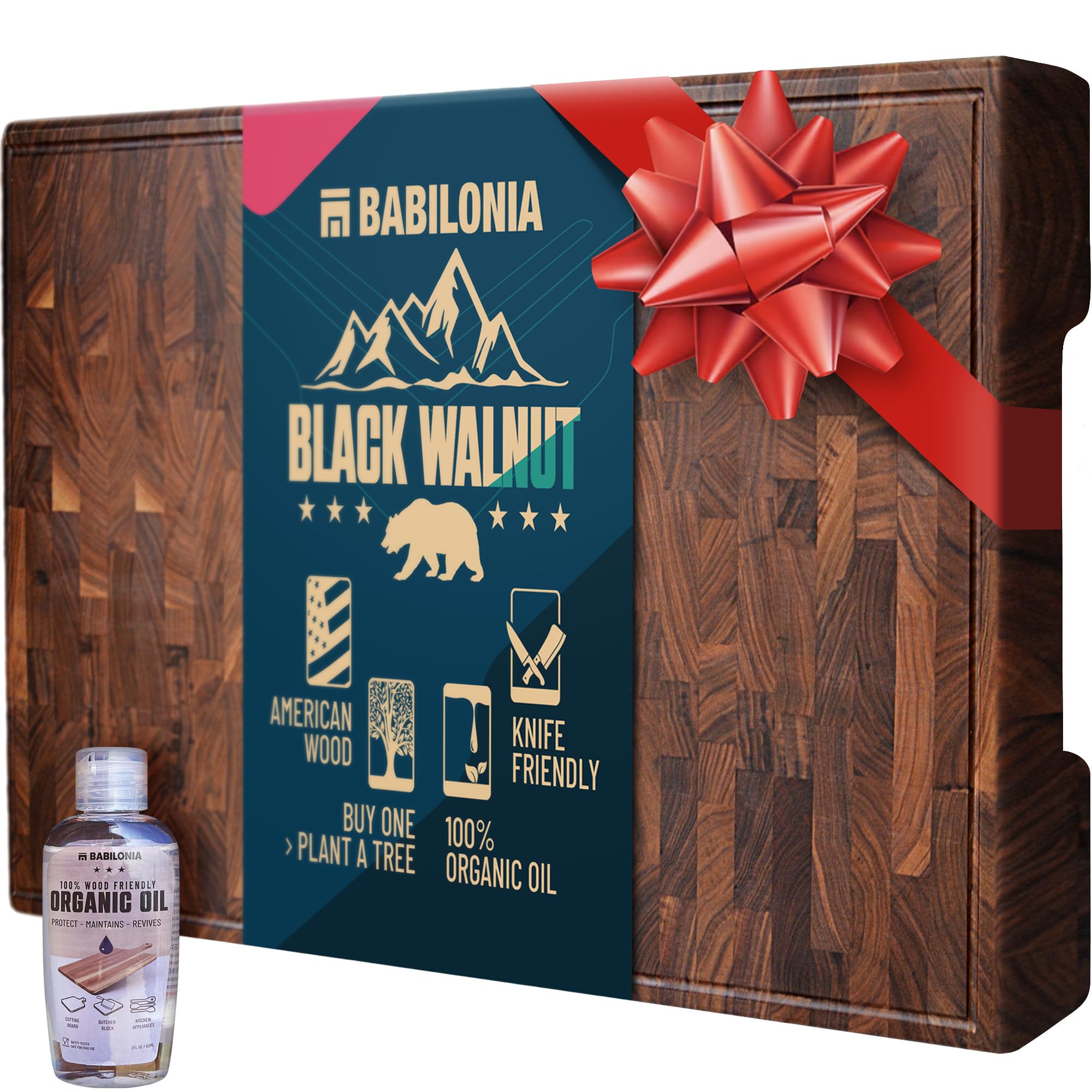 BABILONIA walnut end-grain cutting board 15.7x10.2 with plate insert cutout and included oil bottle