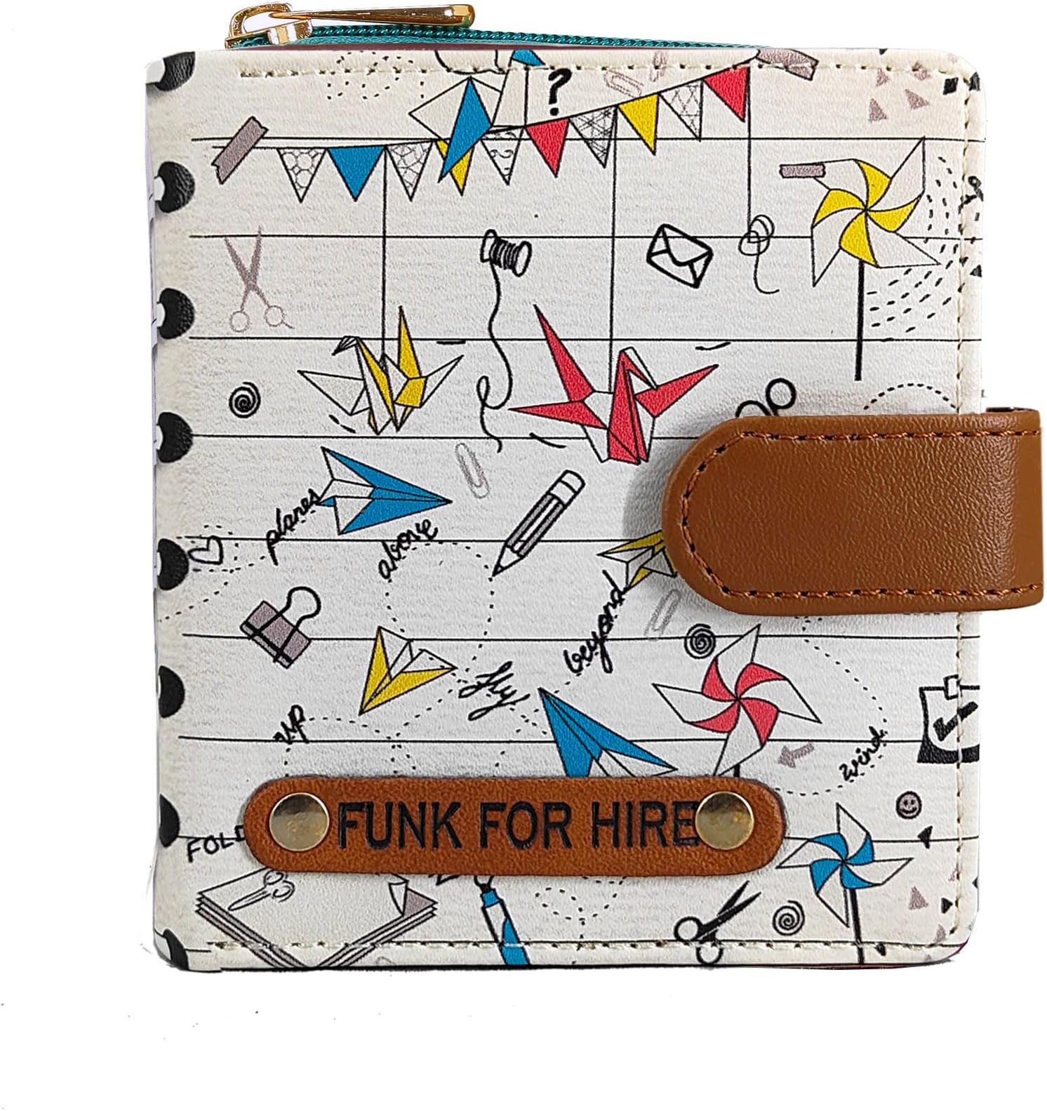Funk For Hire Women’s White Origami Print Wallet | Vegan Leather Two-Fold Compact Wallet | 8 Card Slots | Coin Pouch with Zipper | Cash Compartment | Stylish Minimalist Purse