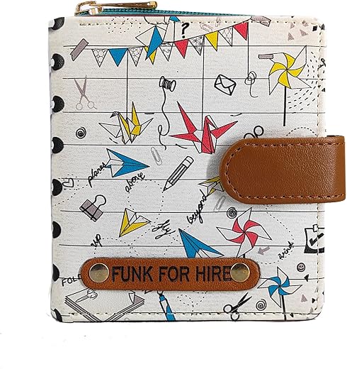 Funk For Hire Women’s White Origami Print Wallet | Vegan Leather Two-Fold Compact Wallet | 6 Card Slots | Coin Pouch with ...